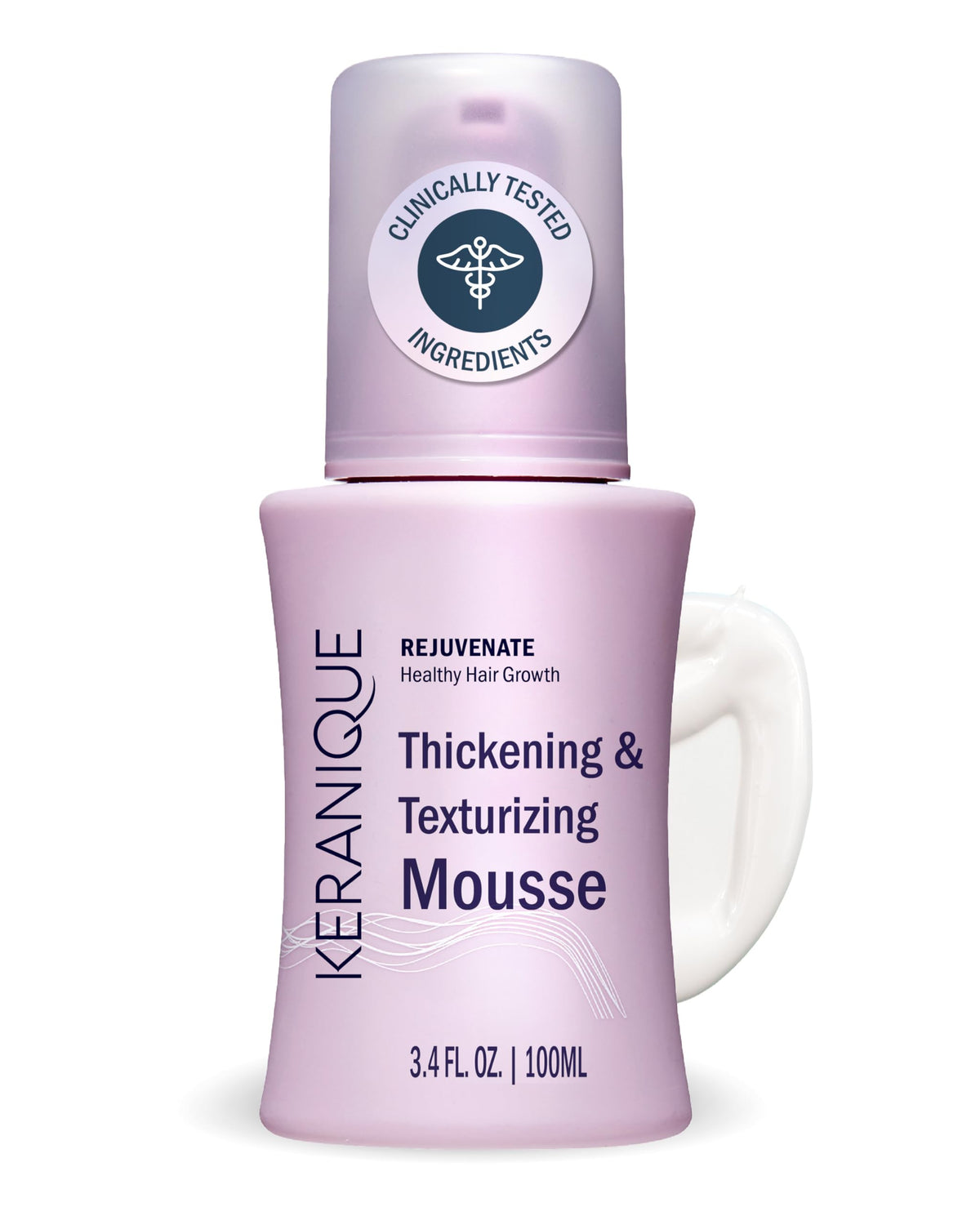 Keranique Volumizing Mousse bottle tilted for instant volume.