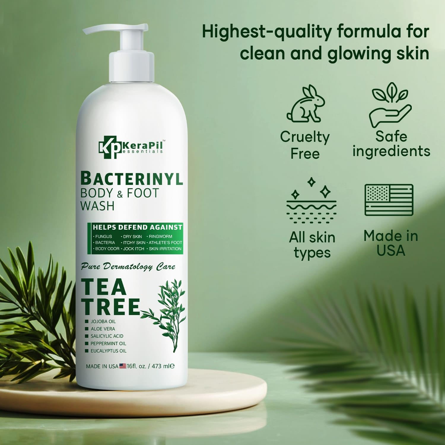 KERAPIL Bacterinyl, etiqueta detalle, ingredientes naturales con árbol de té para refrescar la piel.