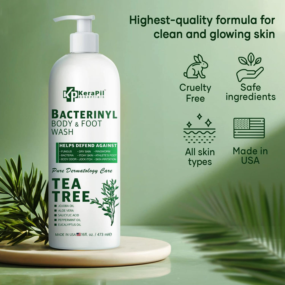 KERAPIL Bacterinyl, etiqueta detalle, ingredientes naturales con árbol de té para refrescar la piel.