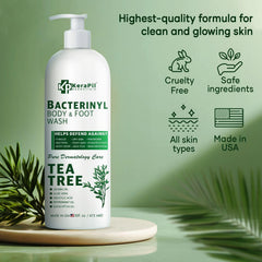 KERAPIL Bacterinyl, etiqueta detalle, ingredientes naturales con árbol de té para refrescar la piel.