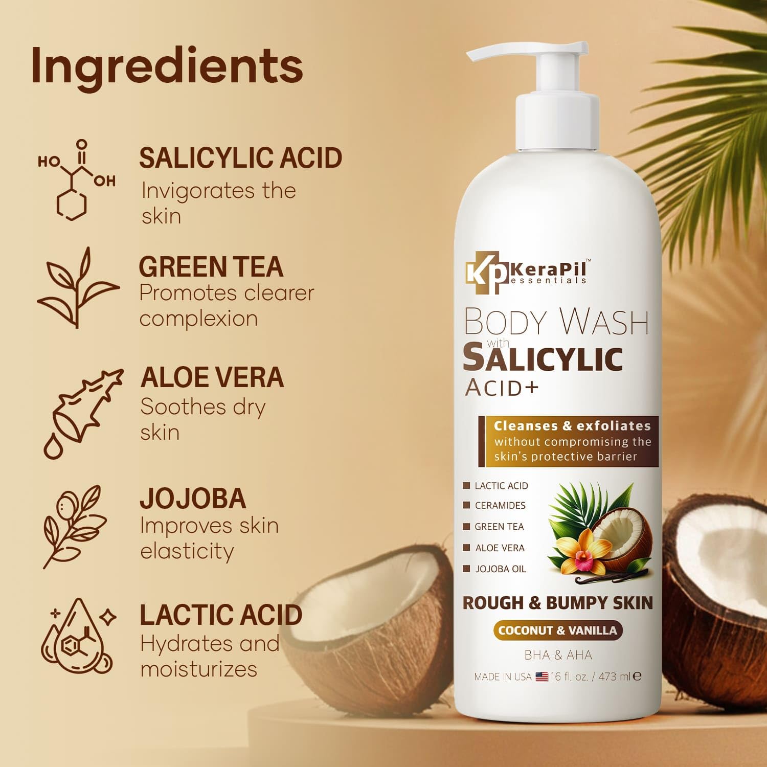 KERAPIL exfoliating body wash ingredients list features salicylic and lactic acids.