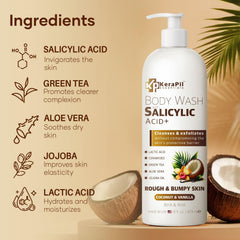 KERAPIL exfoliating body wash ingredients list features salicylic and lactic acids.