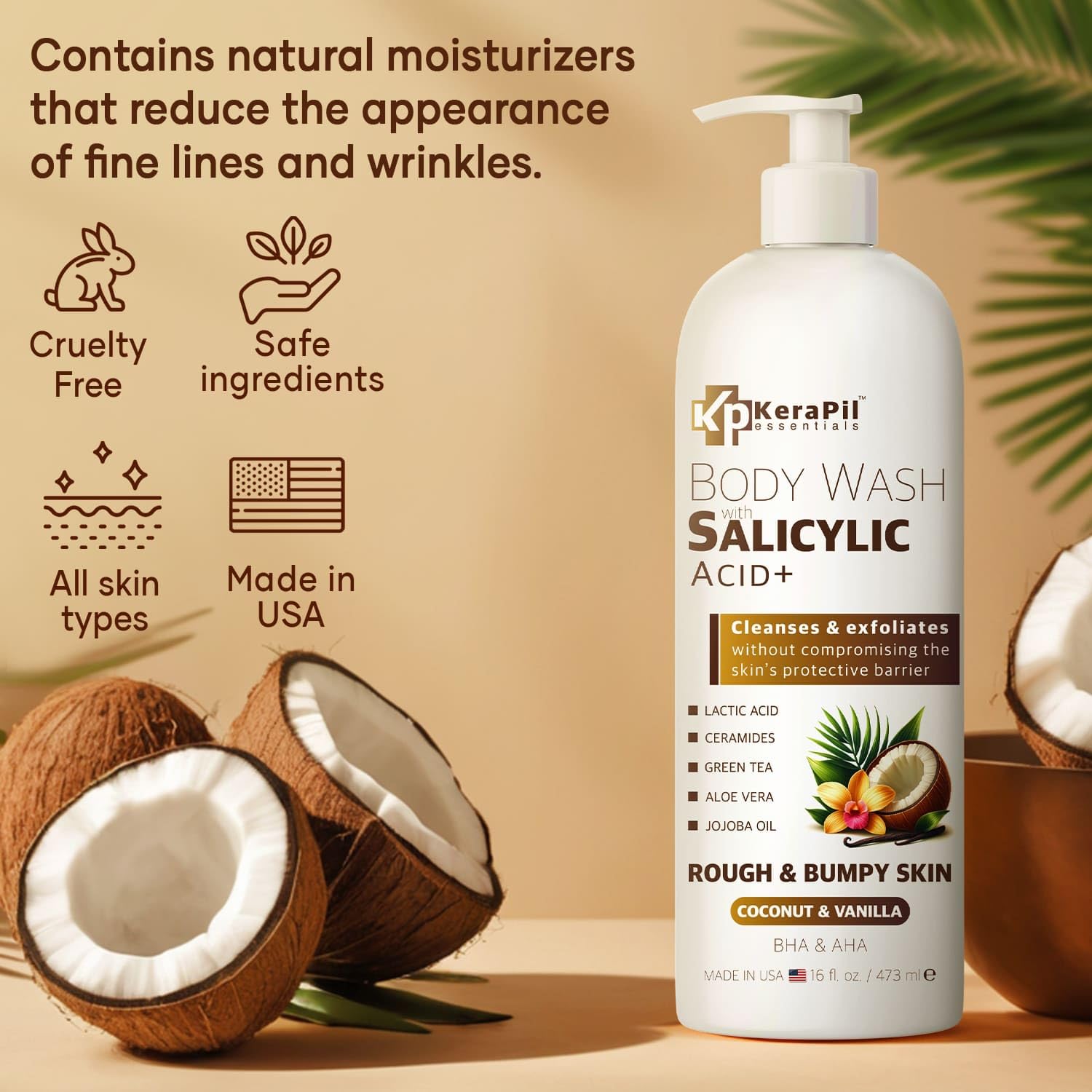 KERAPIL etiqueta frontal muestra ingredientes clave para exfoliar y limpiar.