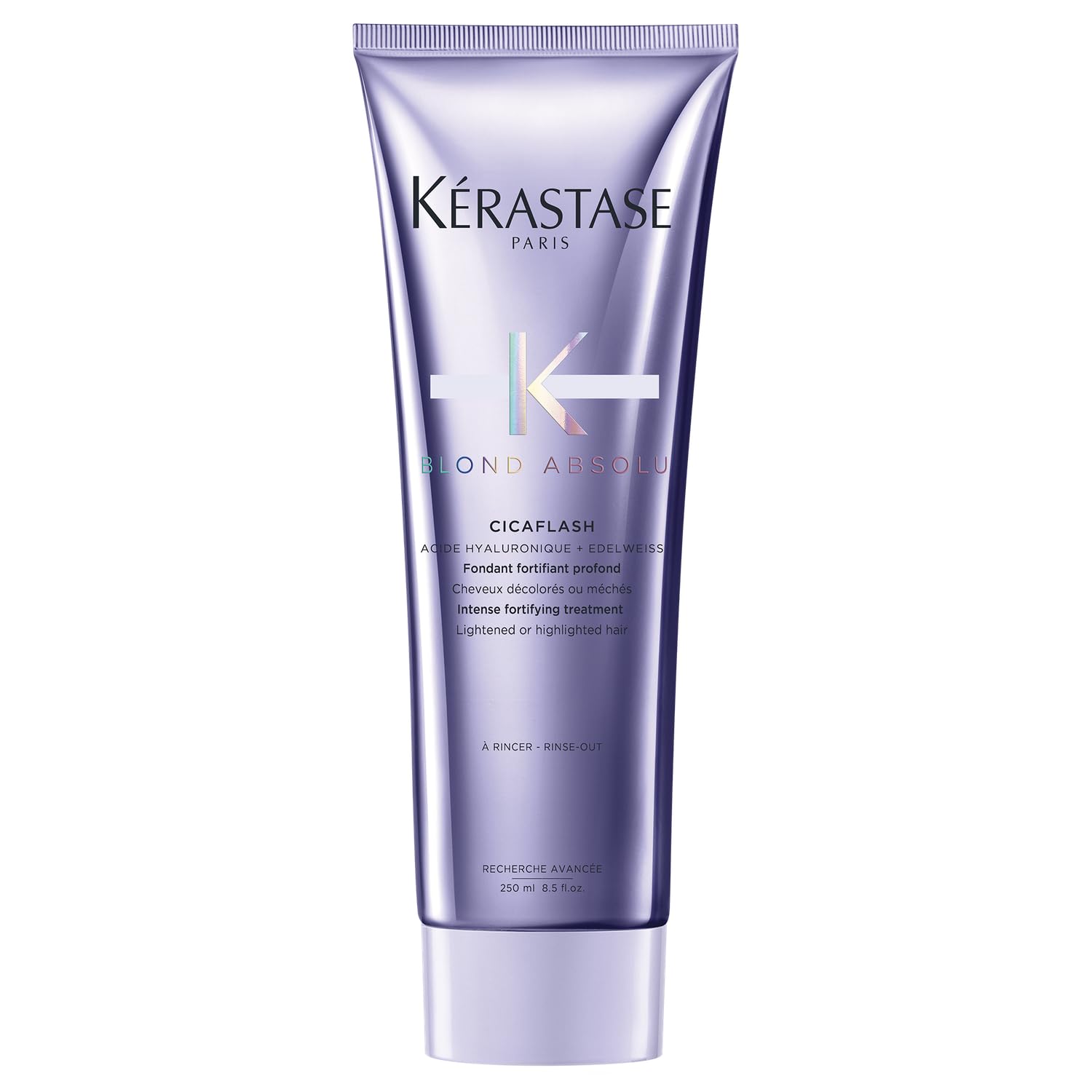 Kérastase Blond Absolu Cicaflash: botella vertiendo para hidratación instantánea del cabello rubio