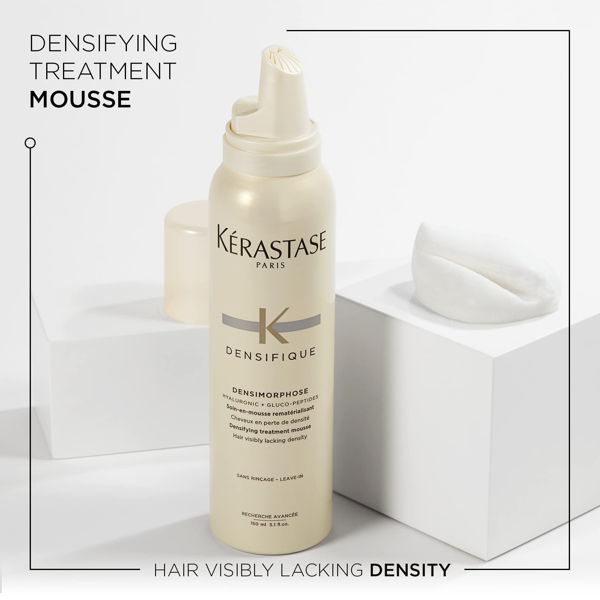 KÉRASTASE Densifique Mousse, manos aplicando, cabello fino con mayor cuerpo