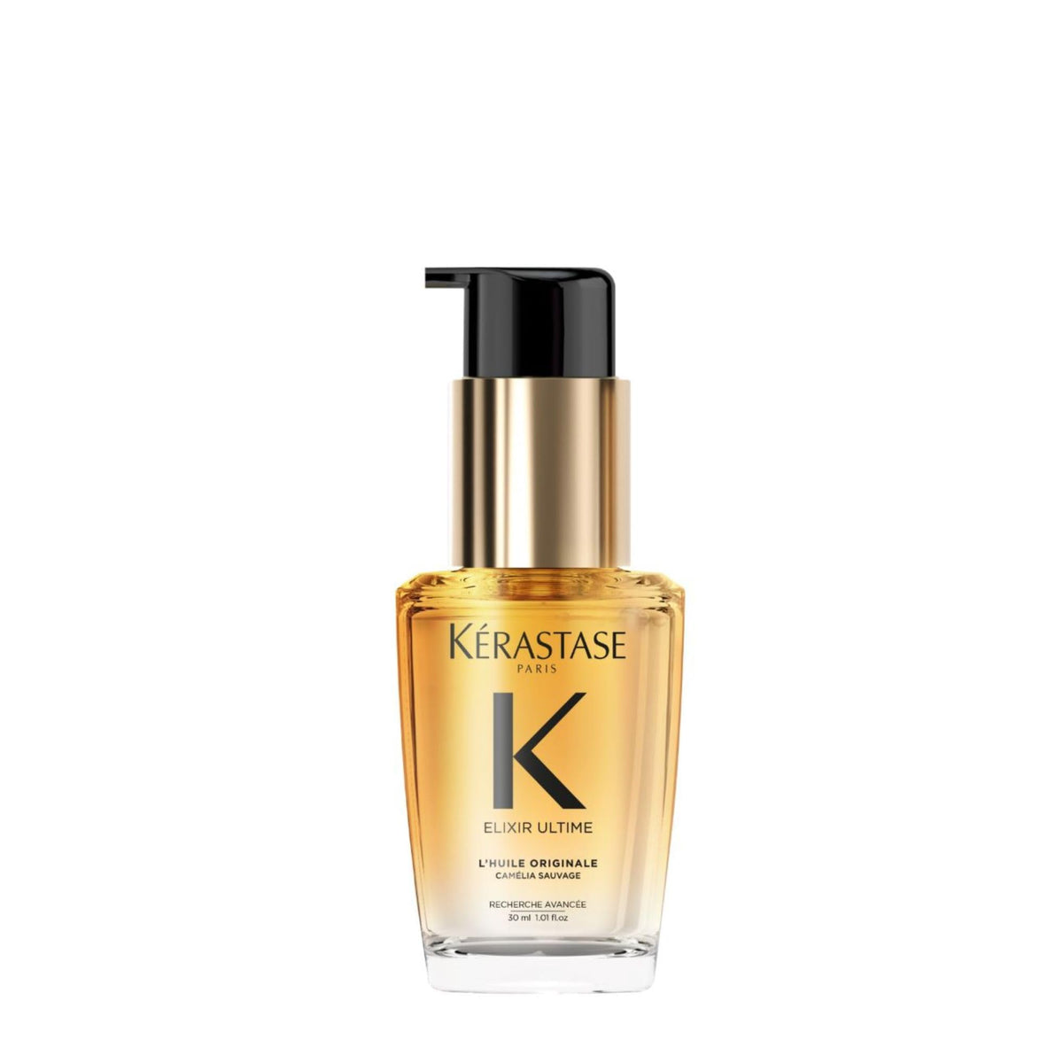 KÉRASTASE Elixir Ultime, envase recargable para brillo y suavidad en el cabello.
