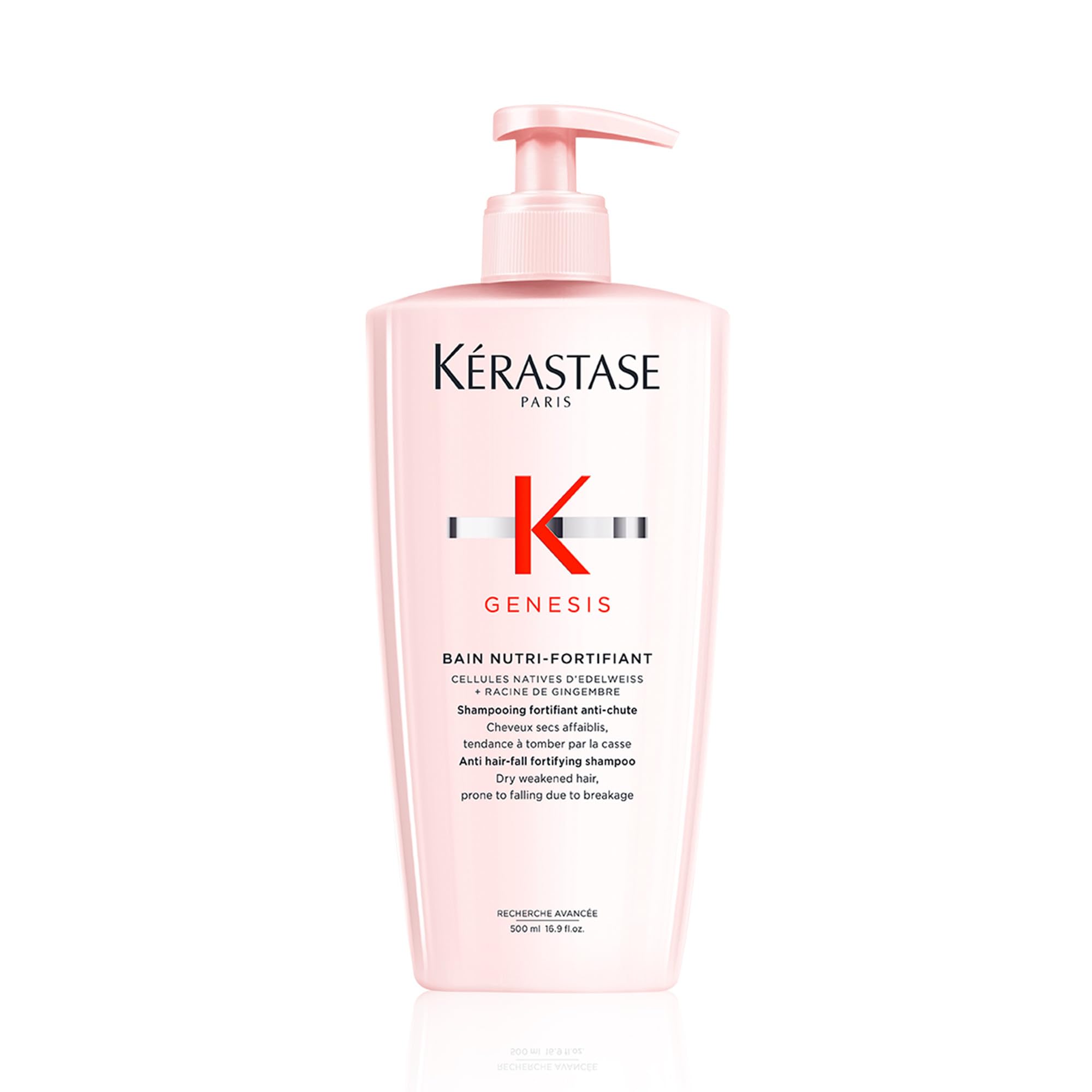 KÉRASTASE Genesis champú: botella vertida, cuidado suave para cabello frágil y cepillado sin roturas.