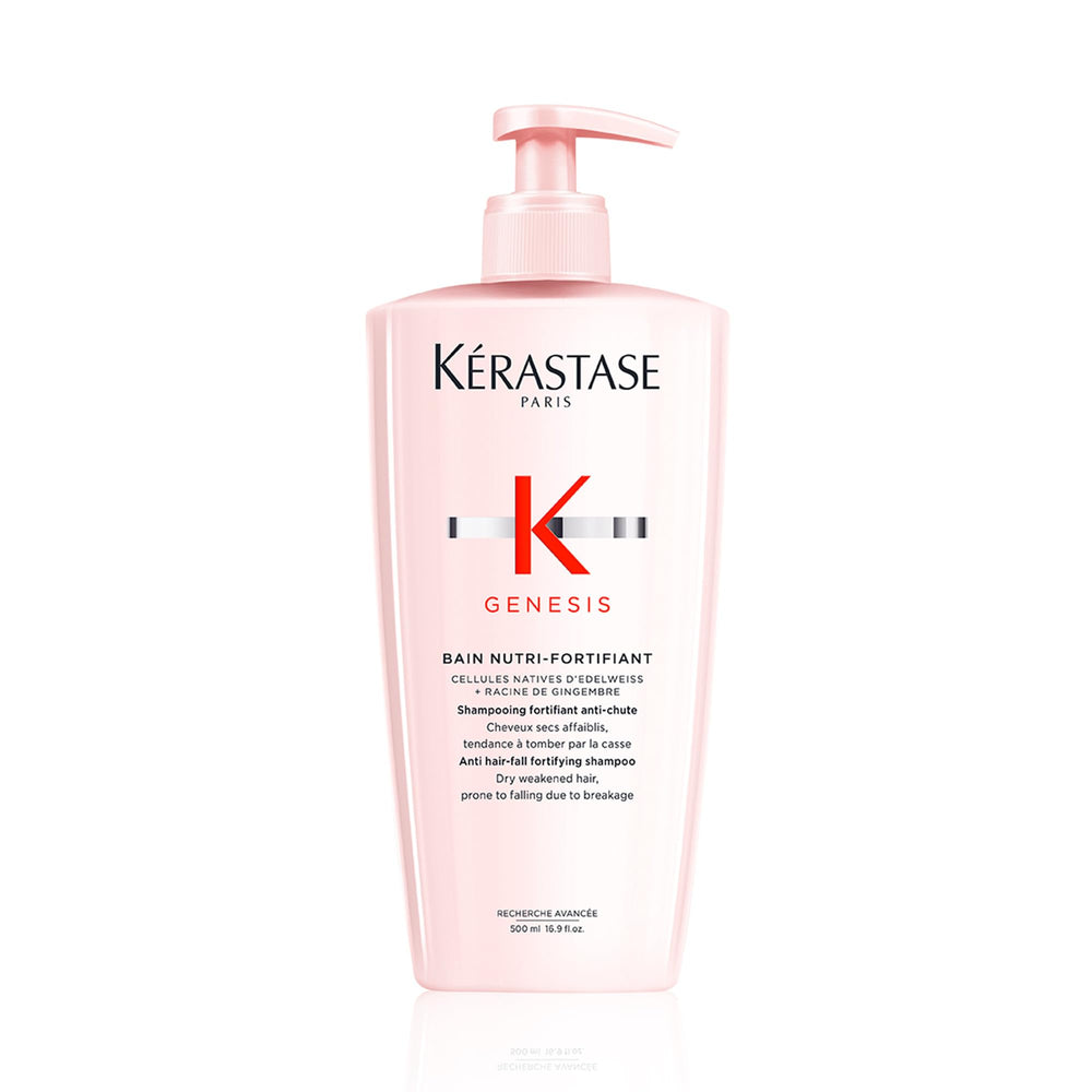 KÉRASTASE Genesis champú: botella vertida, cuidado suave para cabello frágil y cepillado sin roturas.