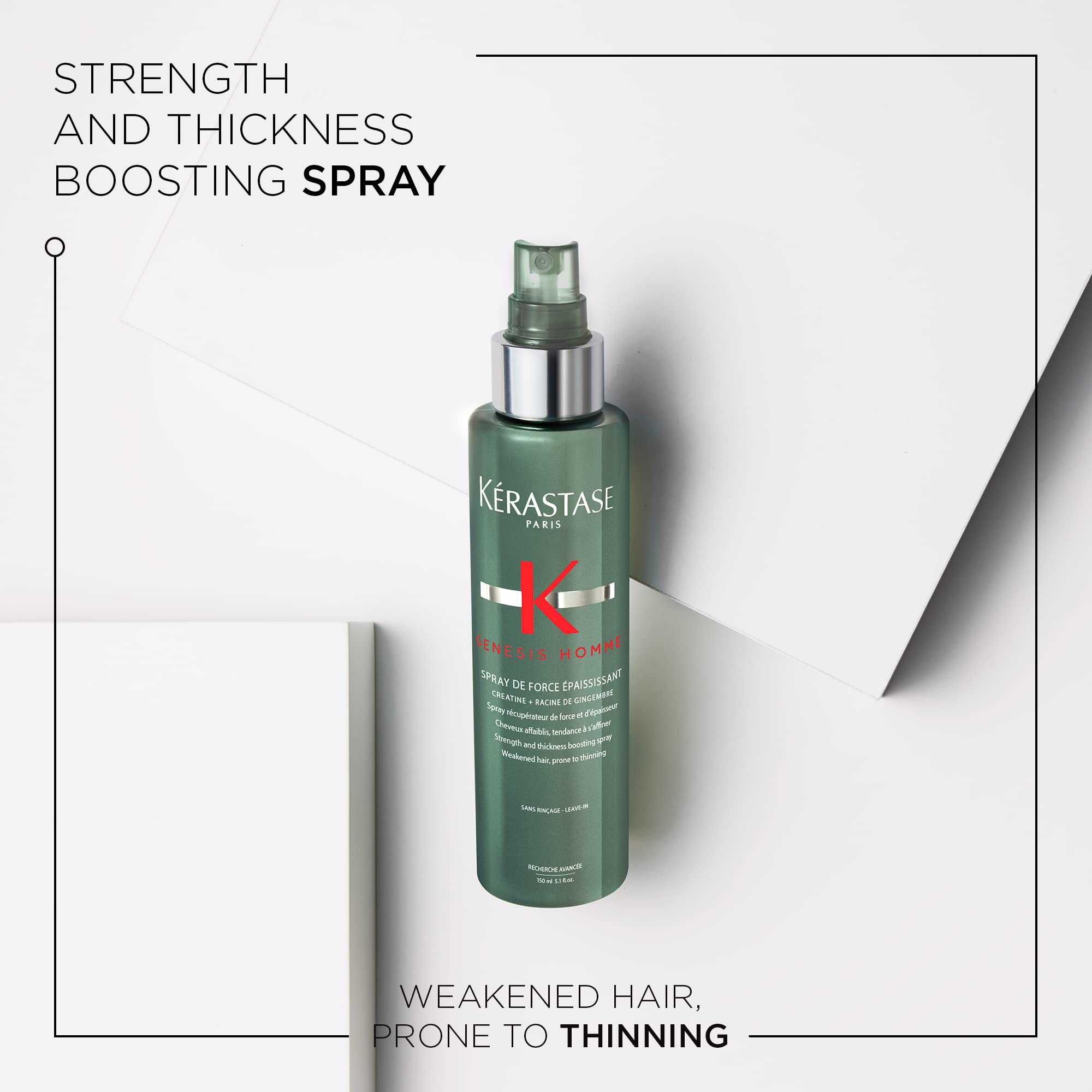 KÉRASTASE Genesis Homme, manos distribuyendo el spray para cabello en húmedo.