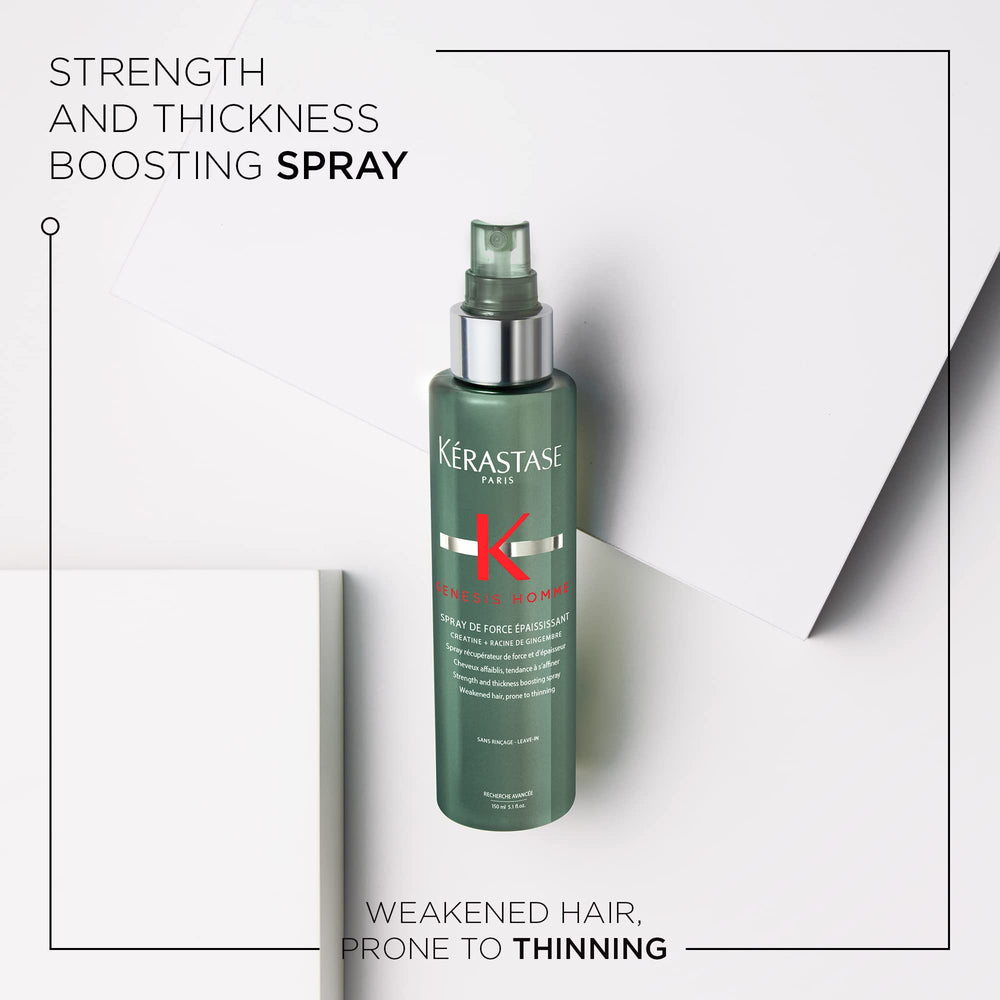 KÉRASTASE Genesis Homme, manos distribuyendo el spray para cabello en húmedo.