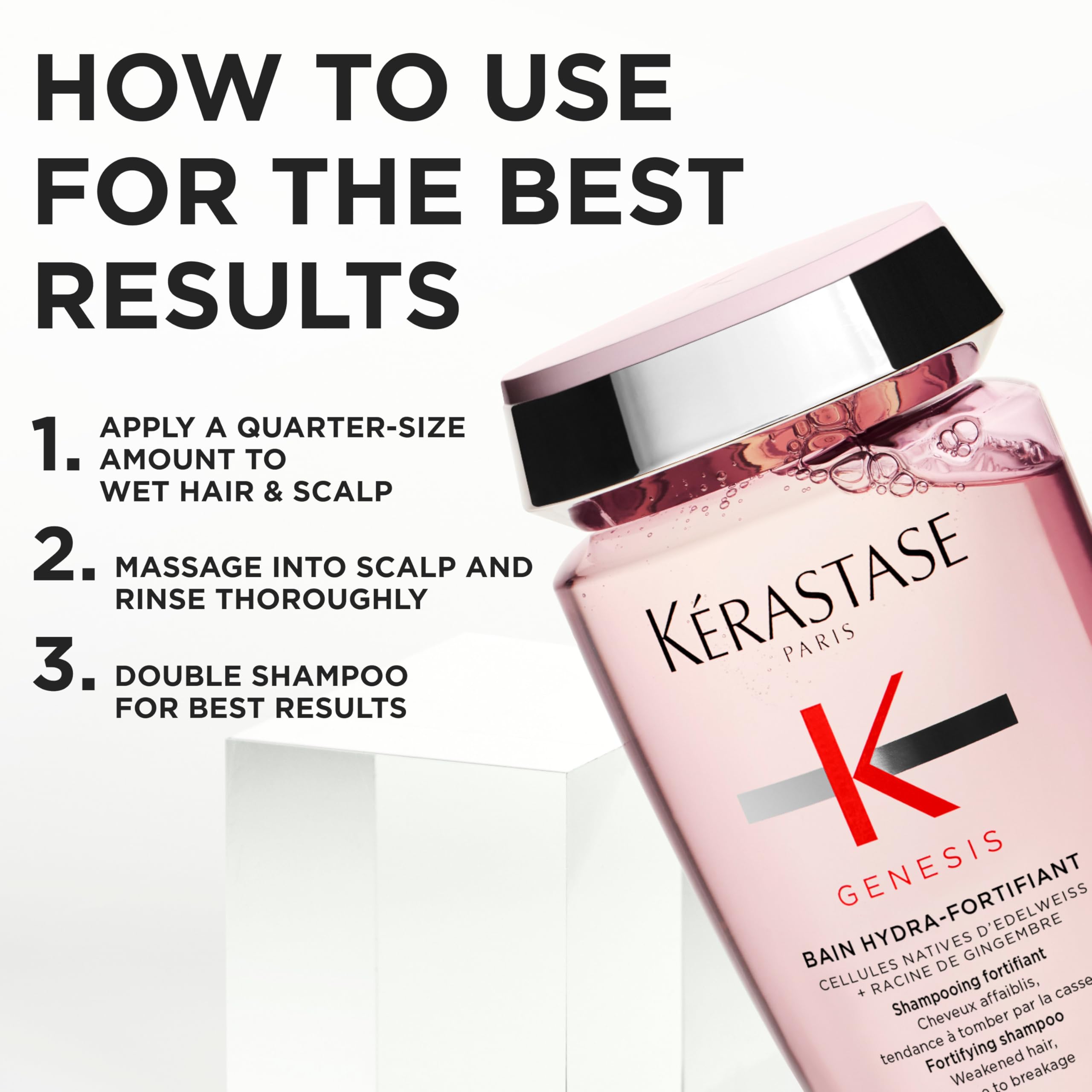 KÉRASTASE Genesis Hydra-Fortifiant aplicación sobre cabello mojado para limpieza suave.