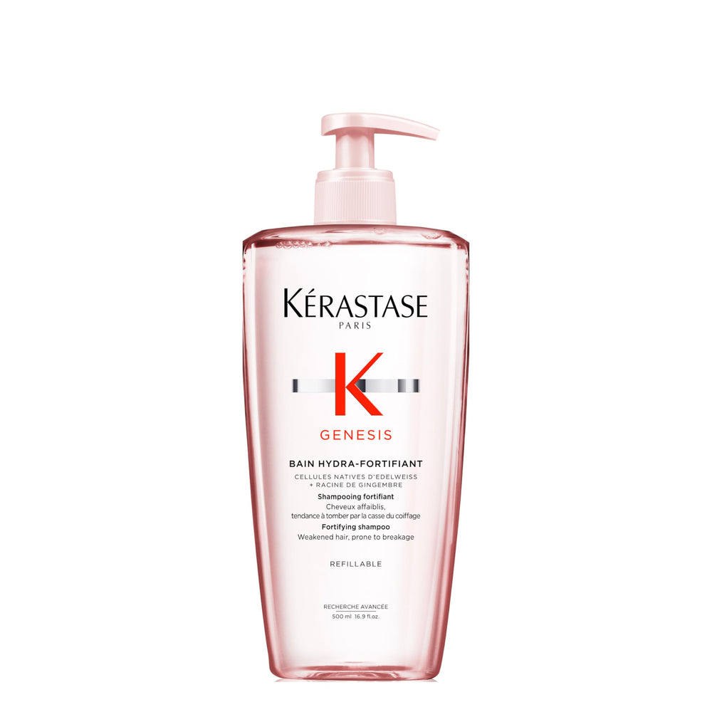 KÉRASTASE Genesis Hydra-Fortifiant en botella recargable para cuidado sostenible del cabello.
