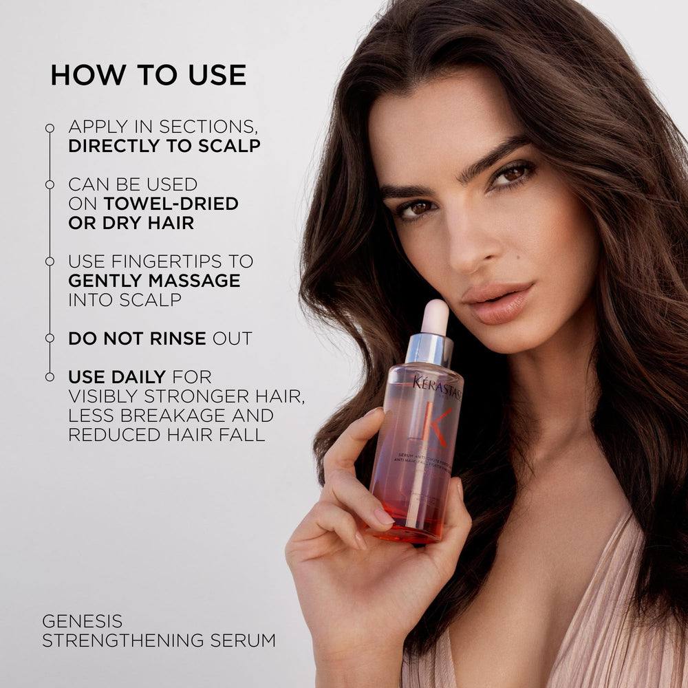 KÉRASTASE Genesis Serum: enfoque en secciones del cuero cabelludo para absorción uniforme.