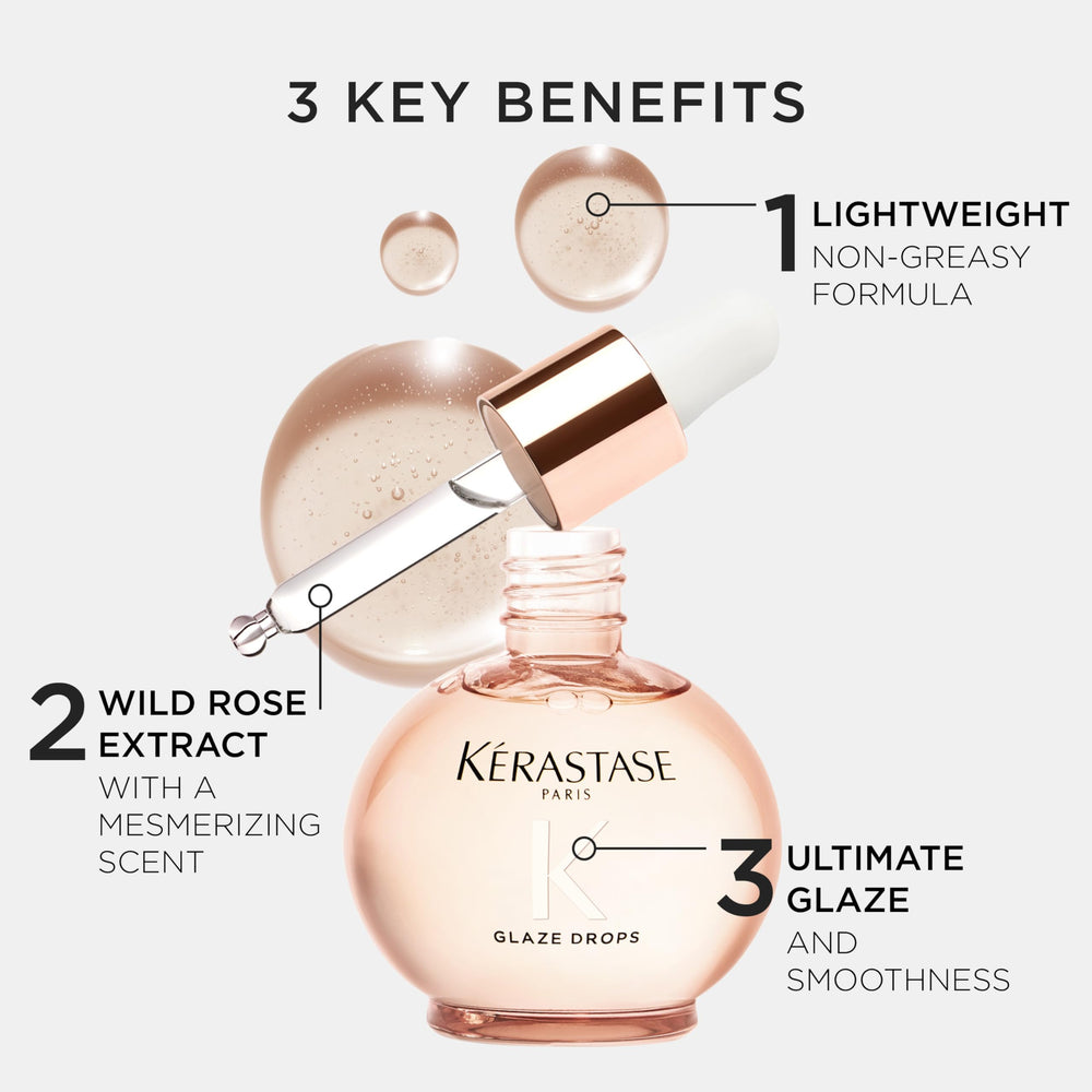 Kérastase Gloss Absolu Glaze Drops, efecto brillo reflectante y suave a lo largo del cabello.