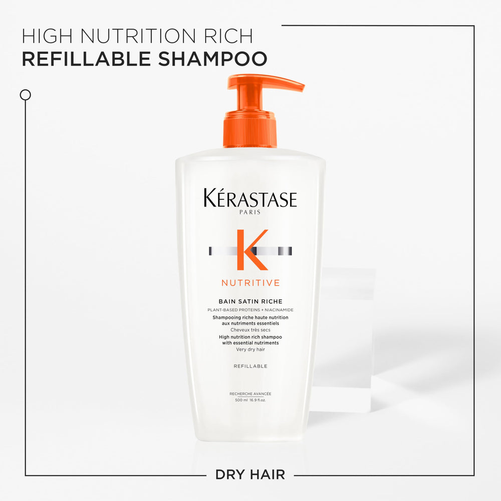 Kerastase Nutritive Bain Satin Riche, textura cremosa, hidratación suave para cabello seco.