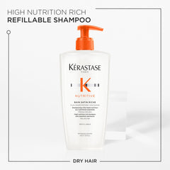 Kerastase Nutritive Bain Satin Riche, textura cremosa, hidratación suave para cabello seco.