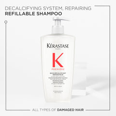 Kerastase Première Bain Décalcifiant: aplicación en ducha para limpieza profunda y reequilibrio capilar.