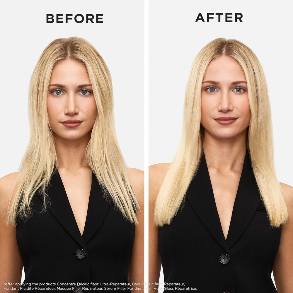 Kerastase Première Bain Décalcifiant: textura cremosa lista para aplicar en cabello dañado.