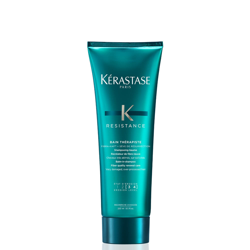 KÉRASTASE Resistance Bain Therapiste botella para cabello dañado, restaura elasticidad.