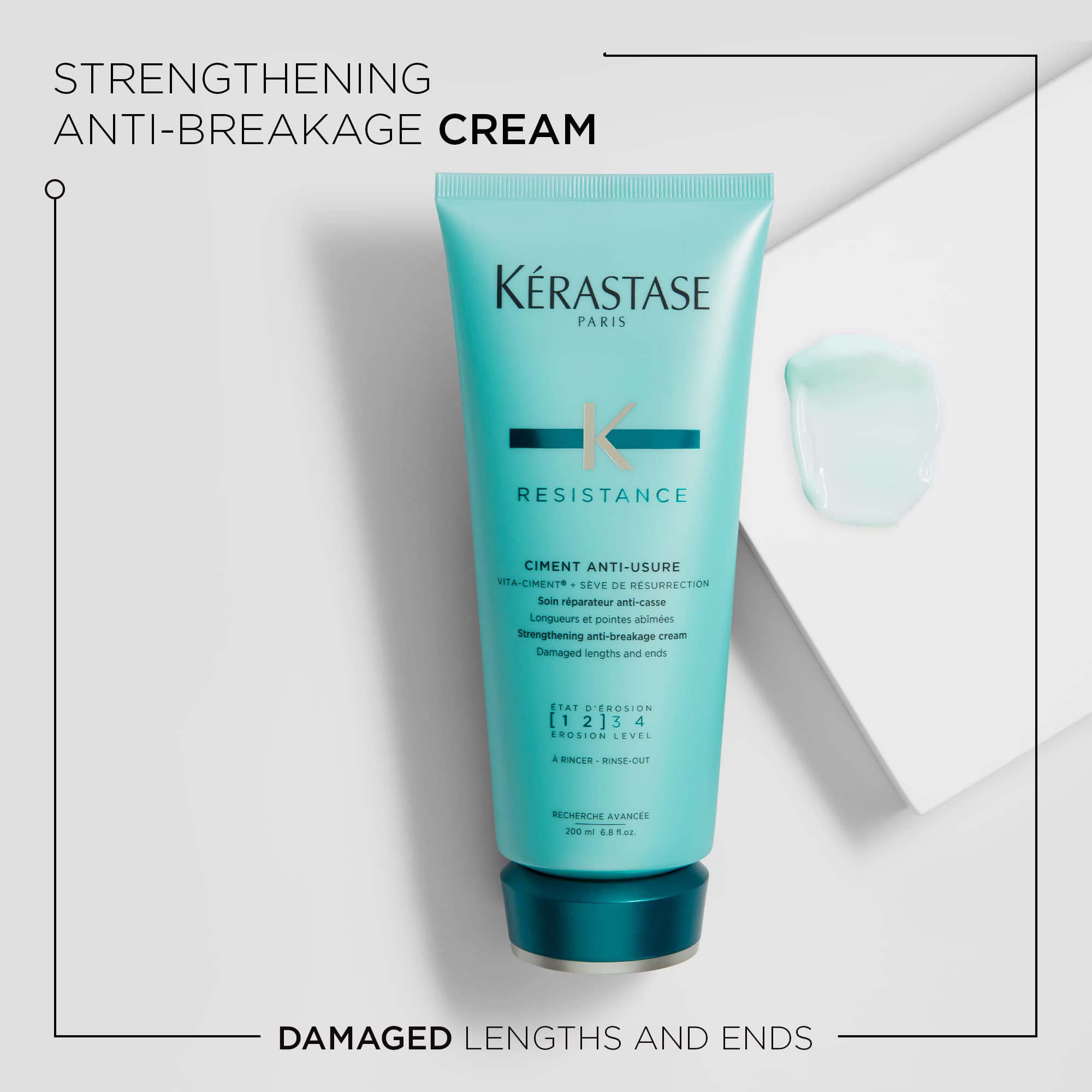 KÉRASTASE Resistance Ciment Anti-Usure reconstruye la fibra capilar para cabello más fuerte.