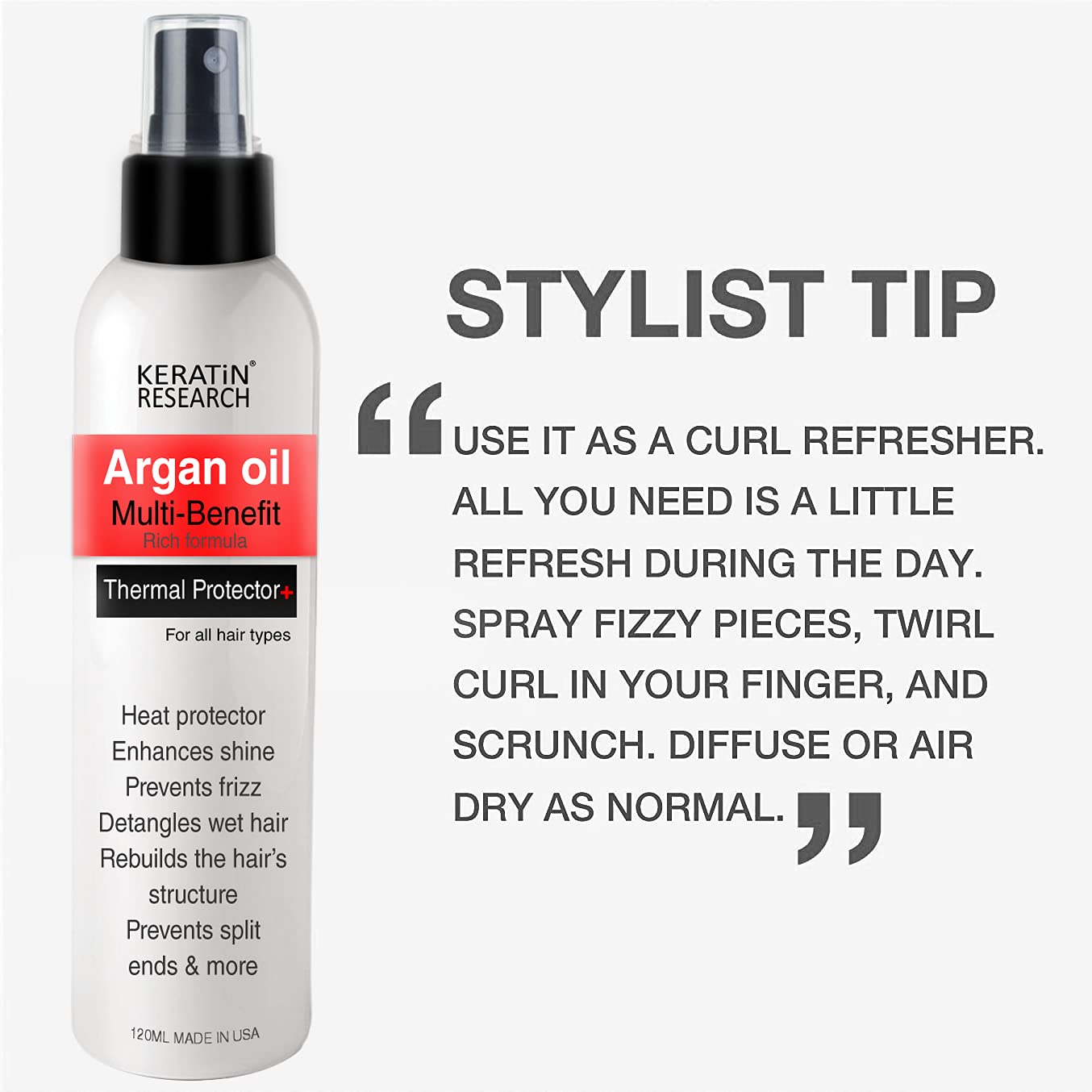 KERATIN RESEARCH protector térmico: secado rápido y peinado más sencillo.