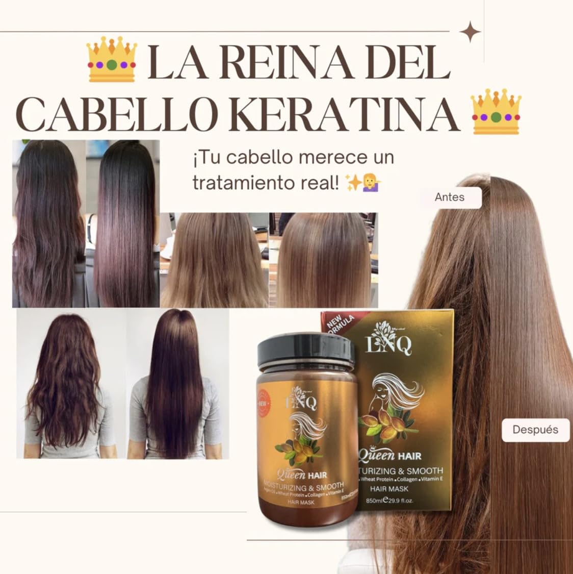 Ingredientes con argán y colágeno para cabello nutrido.
