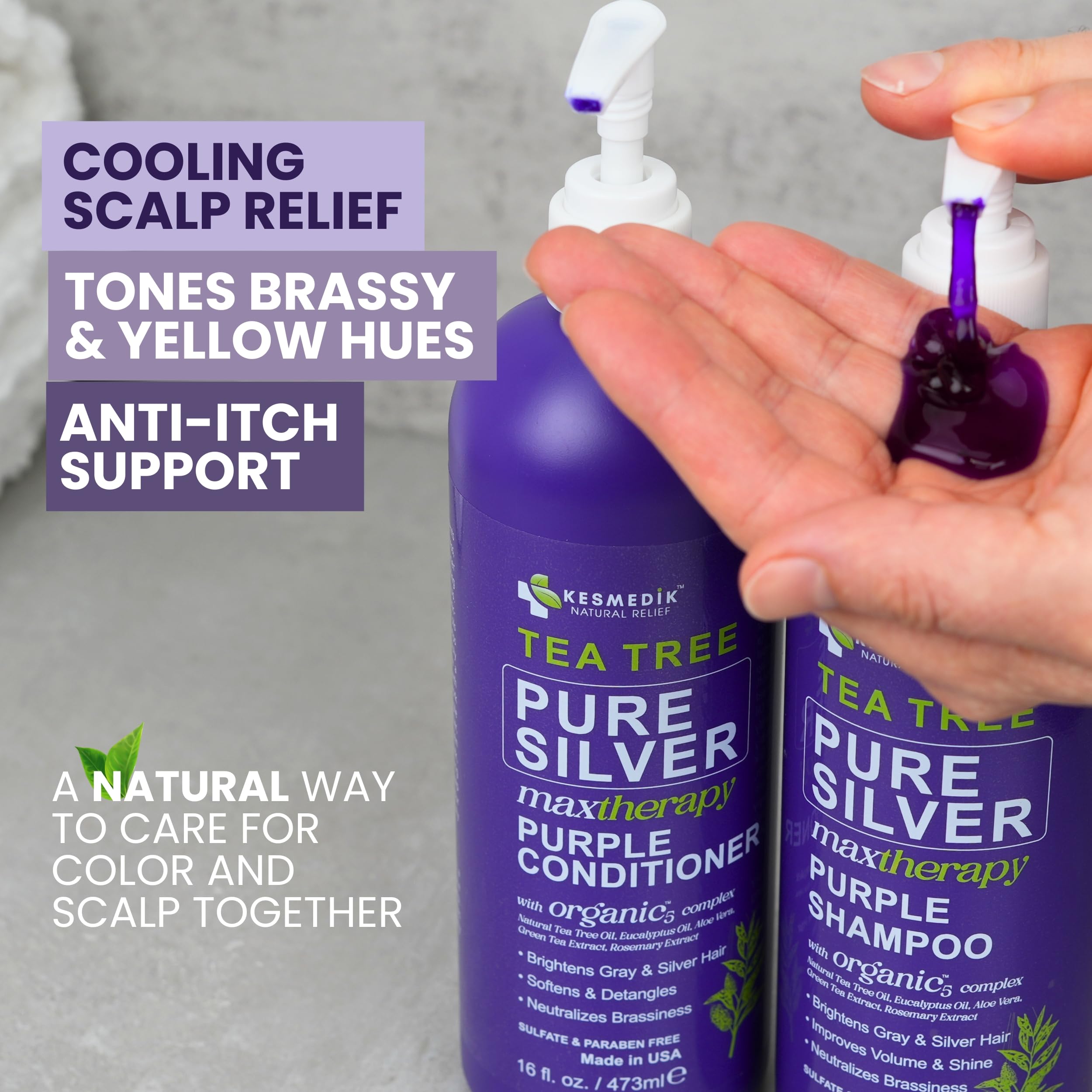 KESMEDIK Après-shampoing violet sur bouteille, apporte douceur et brillance.
