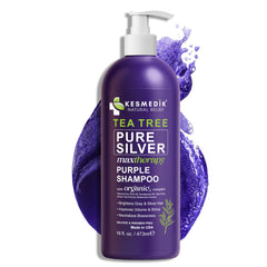 KESMEDIK champú violeta con árbol de té, botella frontal para neutralizar tonos amarillos.
