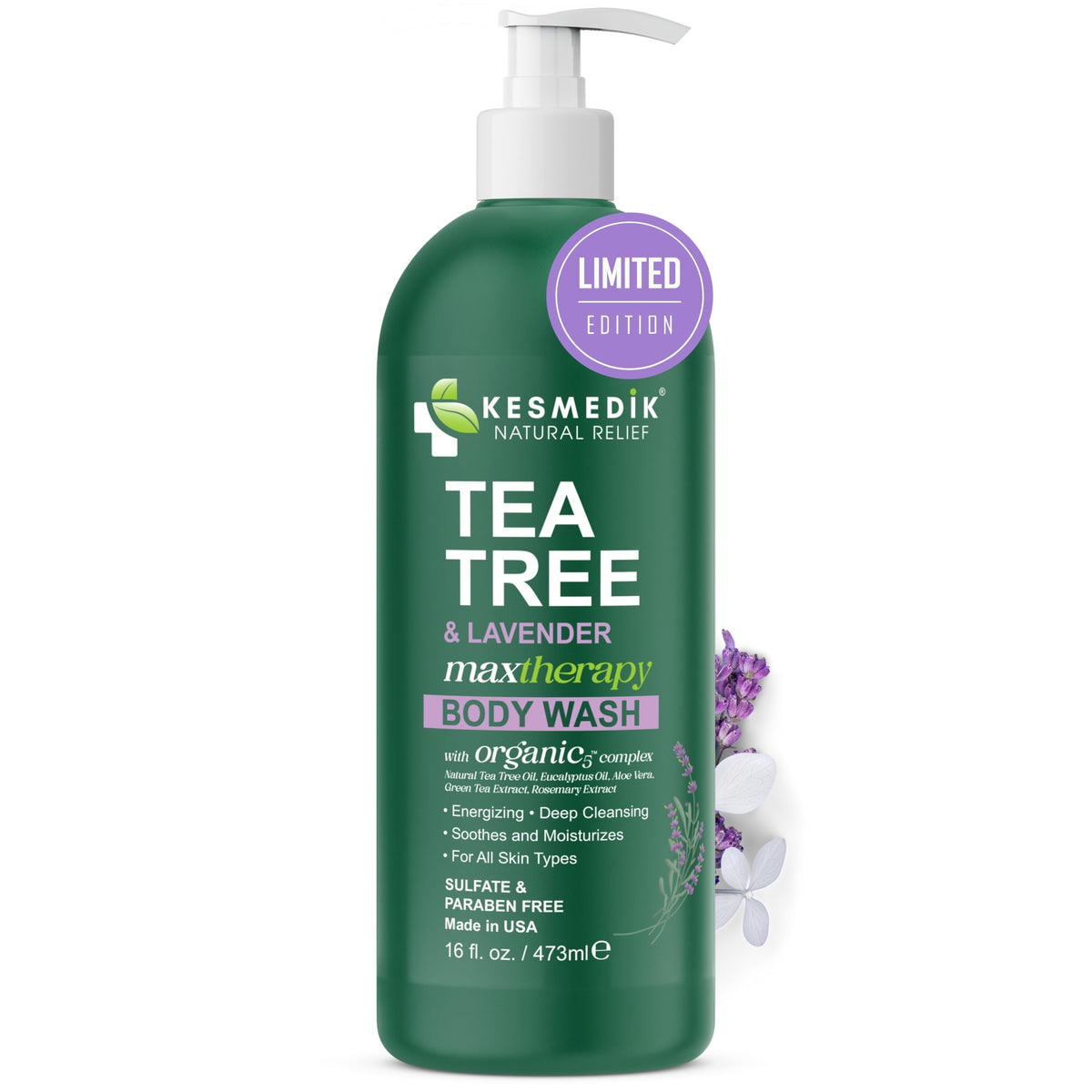 Kesmedik gel ducha arbol de te lavanda en botella, aroma calmante y limpieza suave.