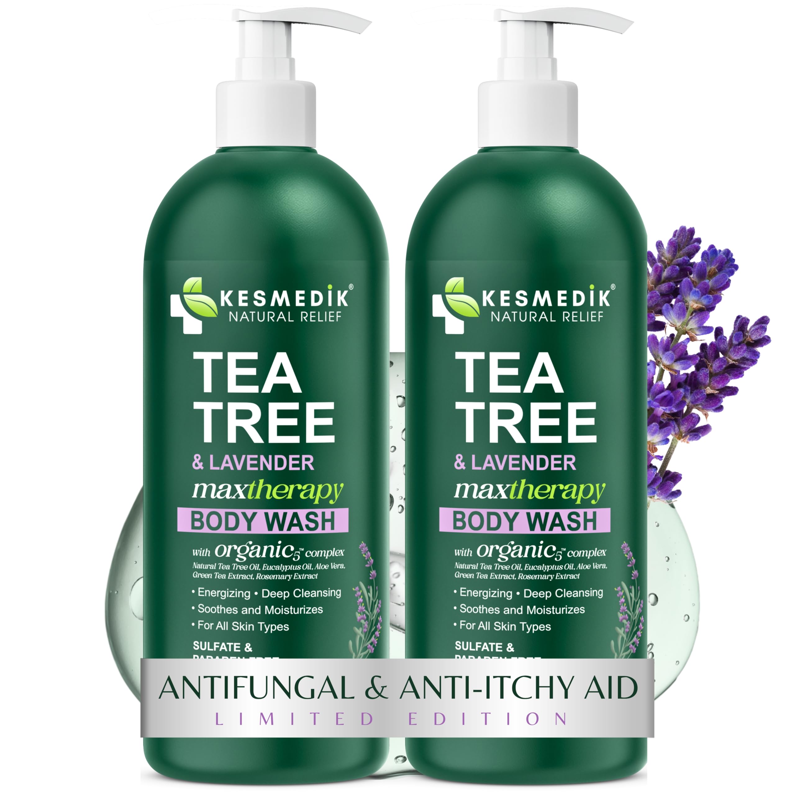 Kesmedik jabon corporal botella con árbol de té y lavanda, limpieza suave y aroma calmante