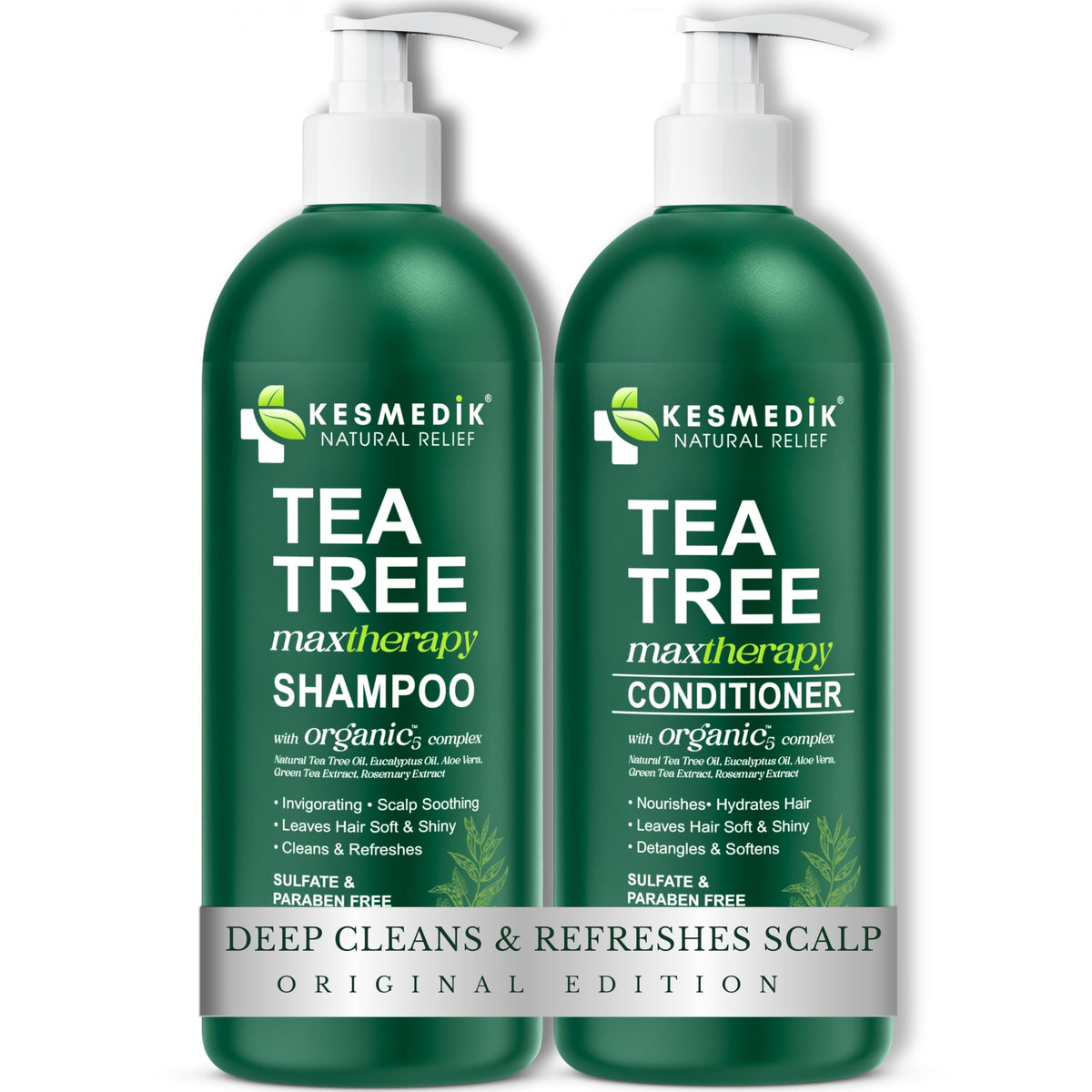 KESMEDIK Tea Tree Shampoo bottle shows refreshing cleanse for scalp