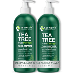 KESMEDIK Tea Tree Shampoo bottle shows refreshing cleanse for scalp