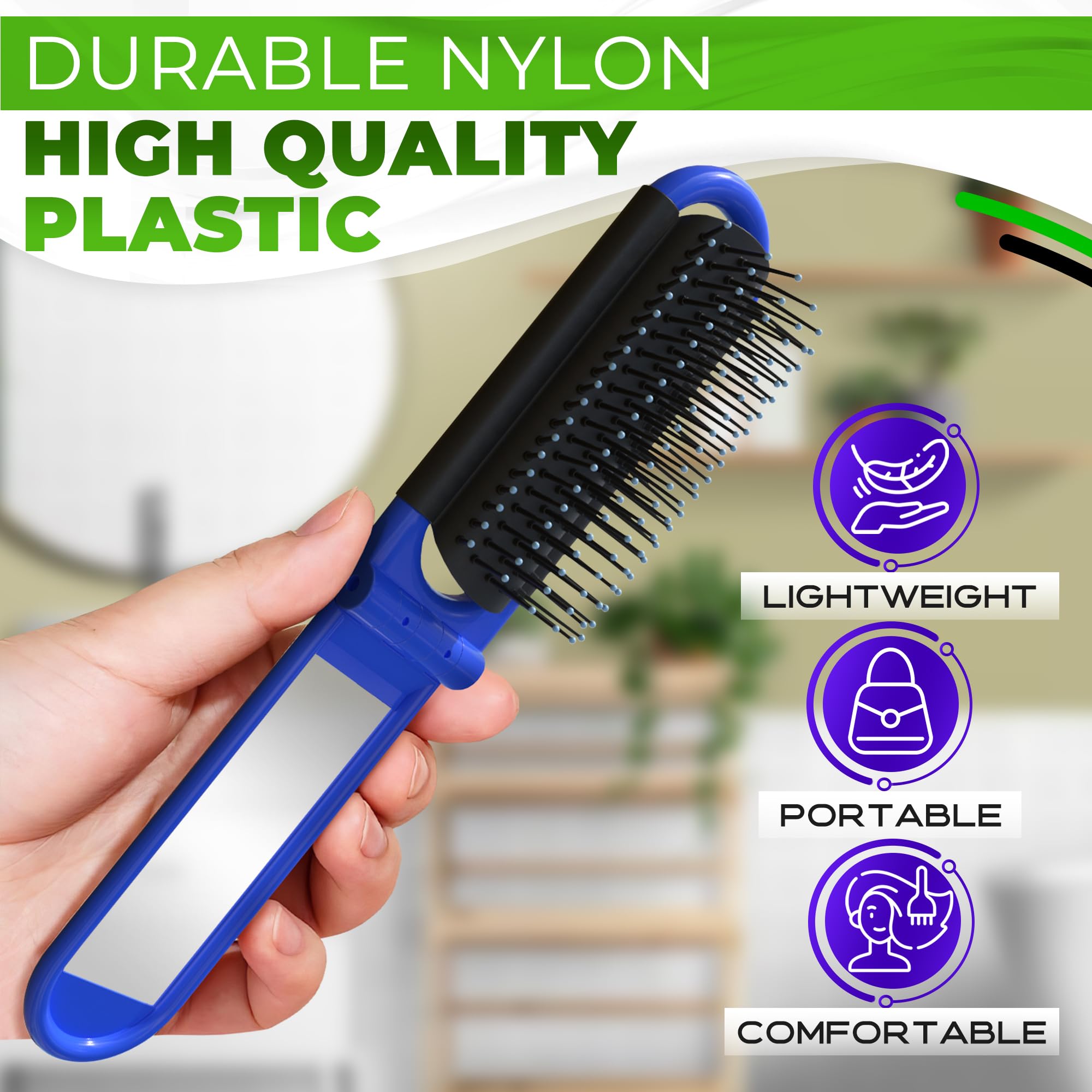 KETAR cepillo plegable verde con espejo y cerdas de nylon.