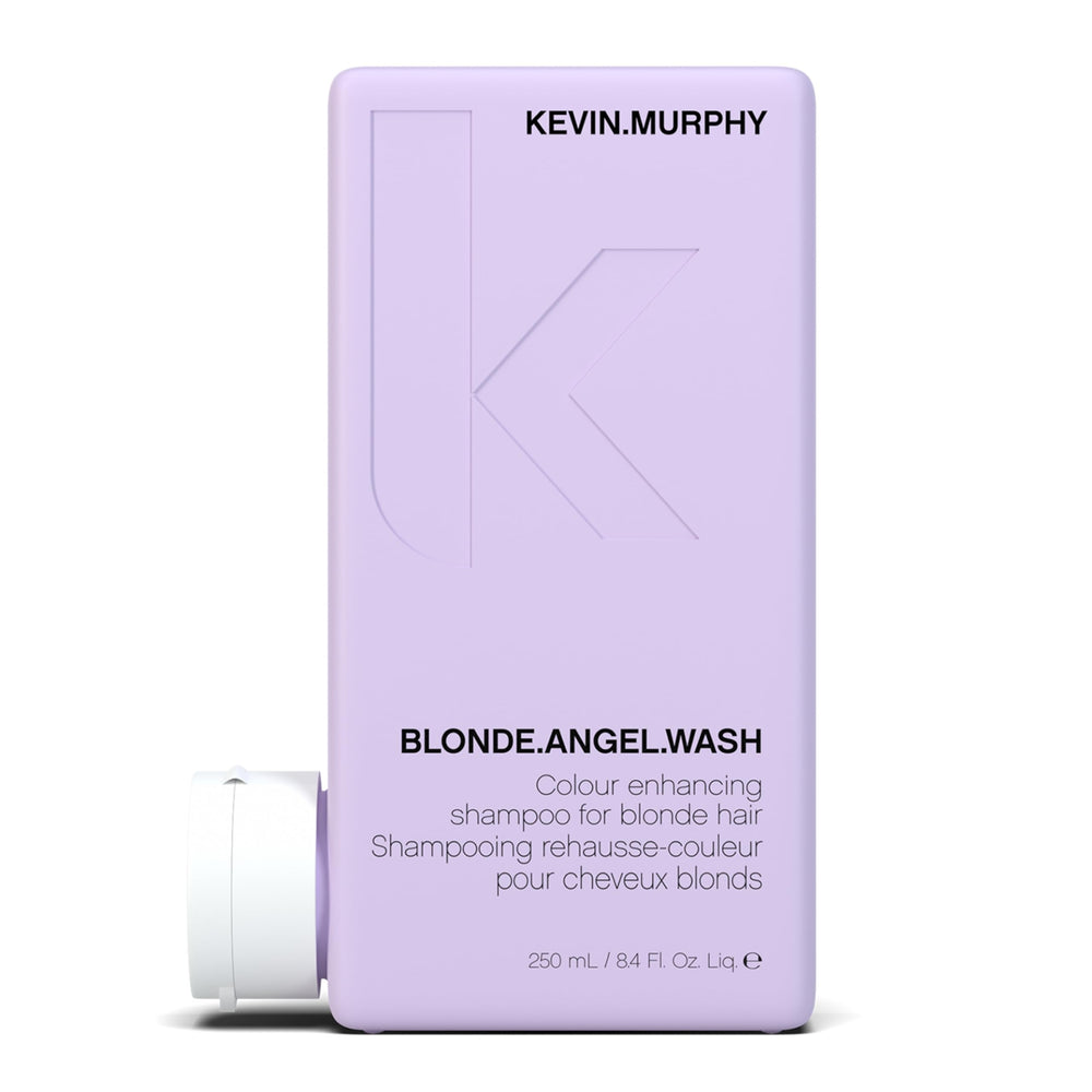 KEVIN.MURPHY BLONDE.ANGEL.WASH, botella-frente, cabello rubio con brillo.