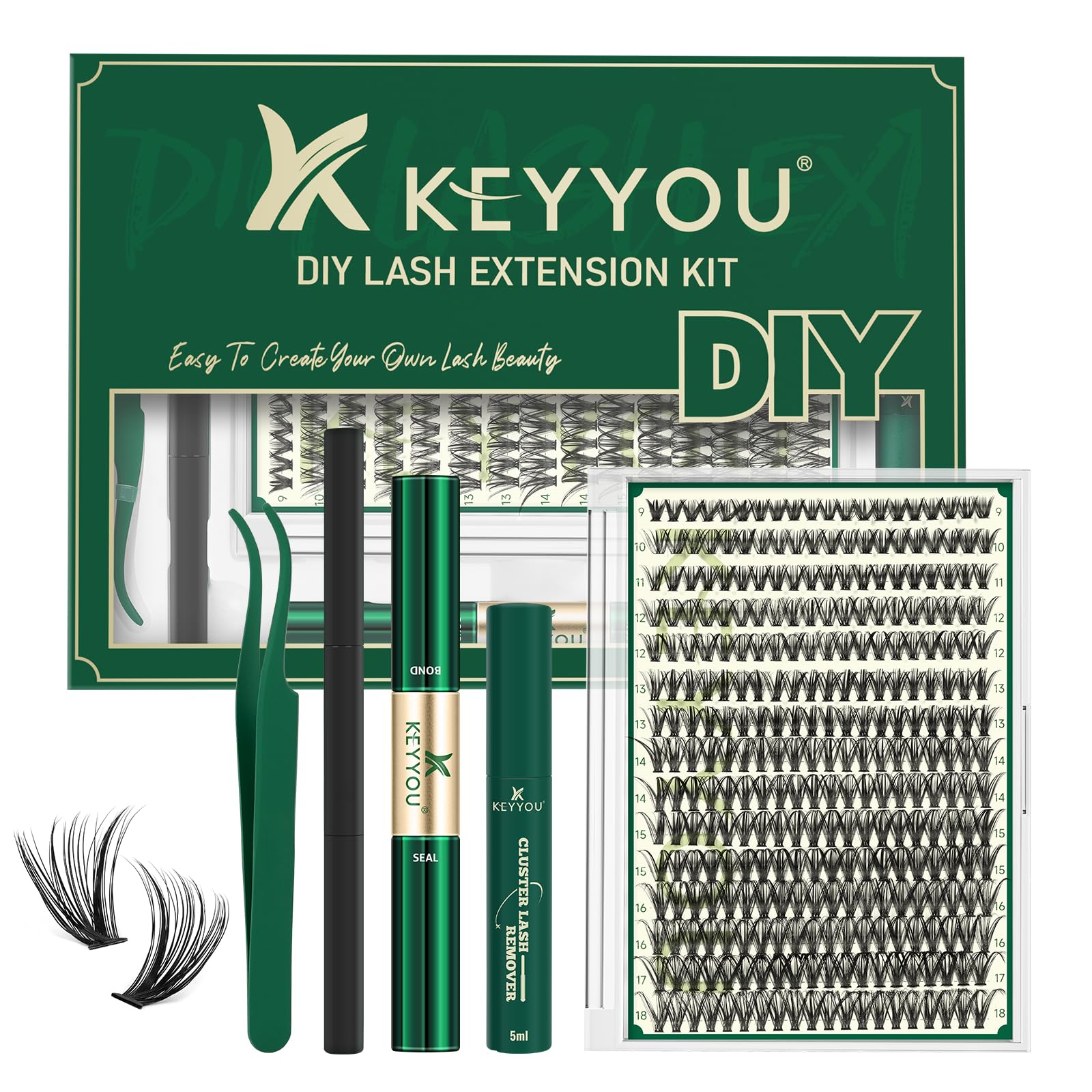 KEYYOU kit de extensiones de pestañas con 300 hebras para volumen realista en casa