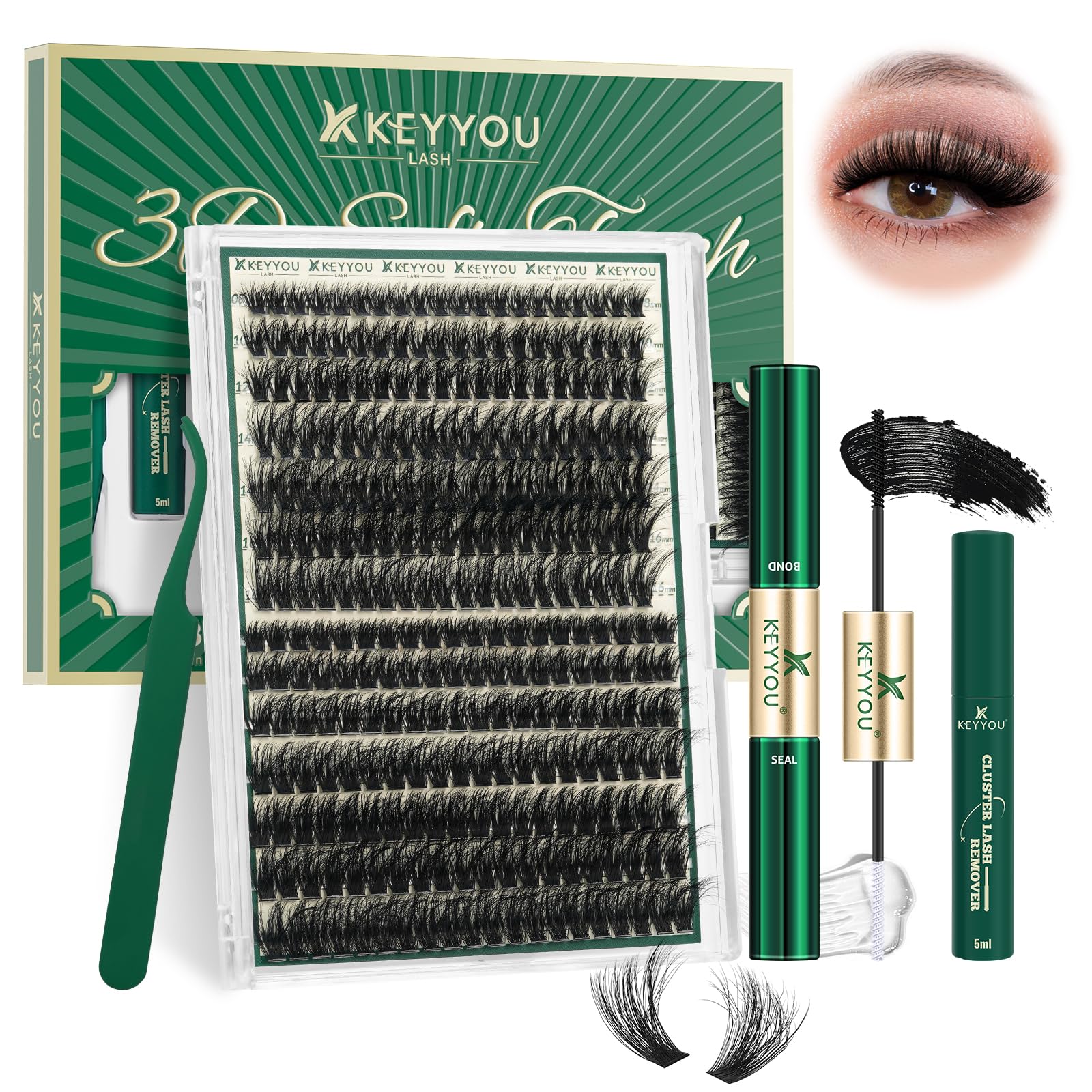 KEYYOU LASH conjunto de clusters 3D 280 piezas, vista general para estilos diarios.