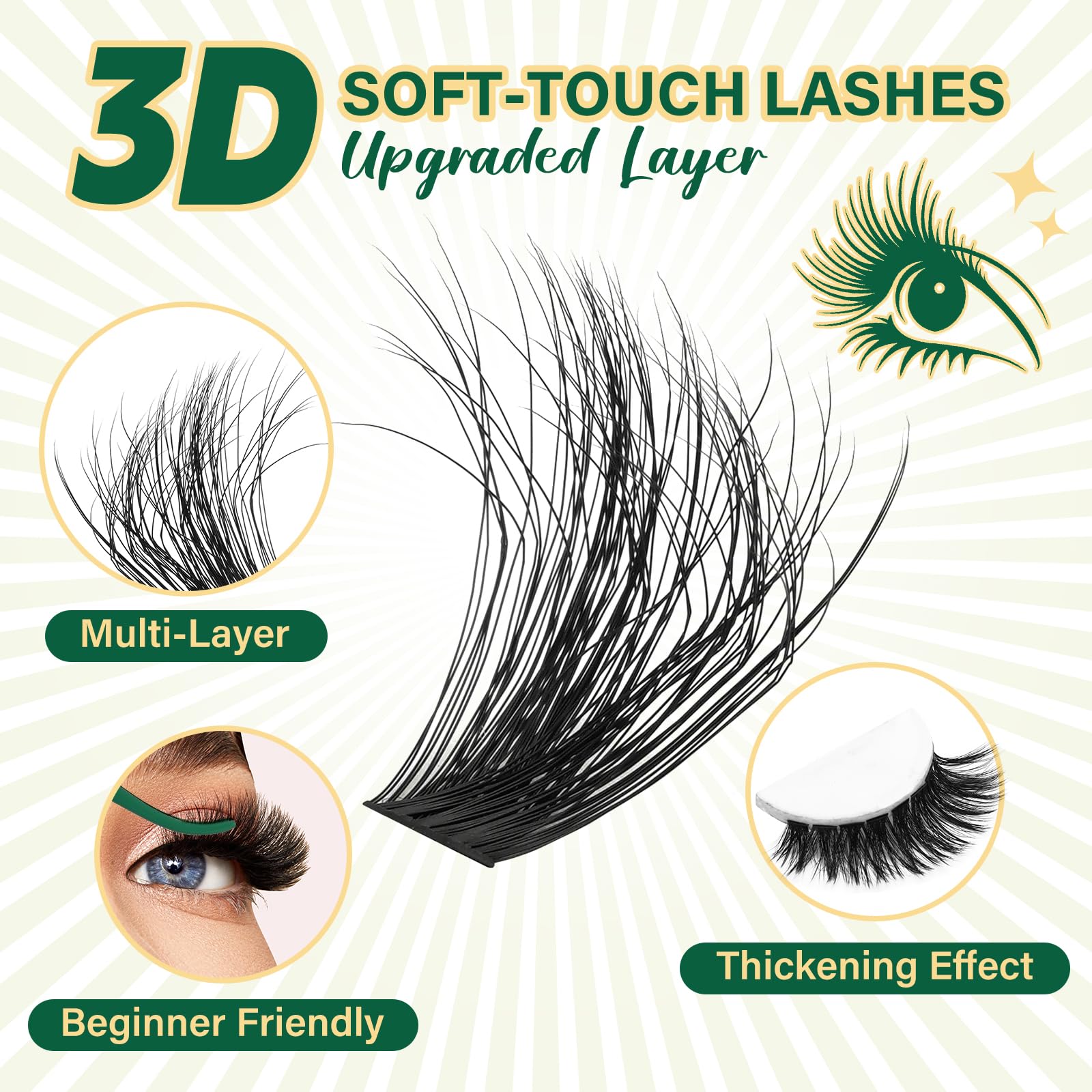 KEYYOU LASH clústeres 3D 80D-100D, enfoque en volumen personalizable.