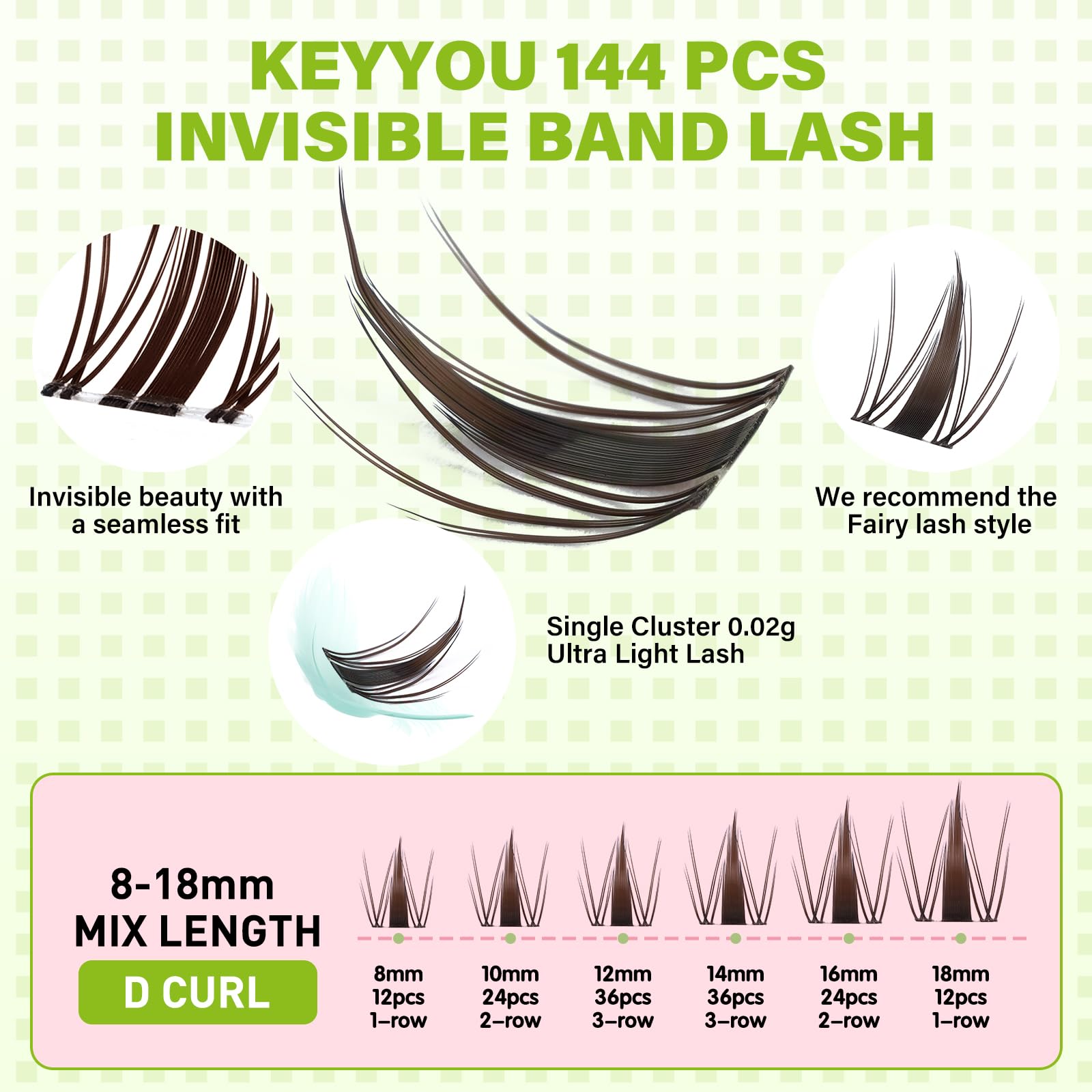 KEYYOU racimos pestañas naturales D-Curl para un acabado ligero y duradero.