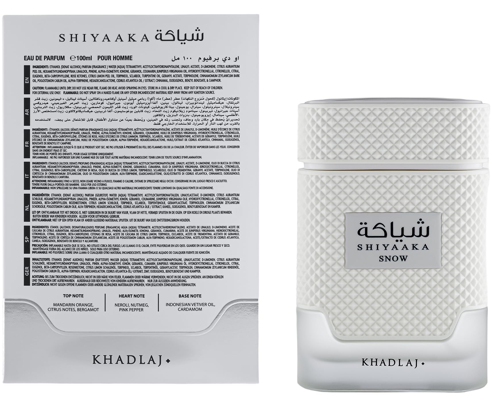 KHADLAJ SHIYAAKA SNOW: notas de fondo vetiver y cardamomo para una estela elegante