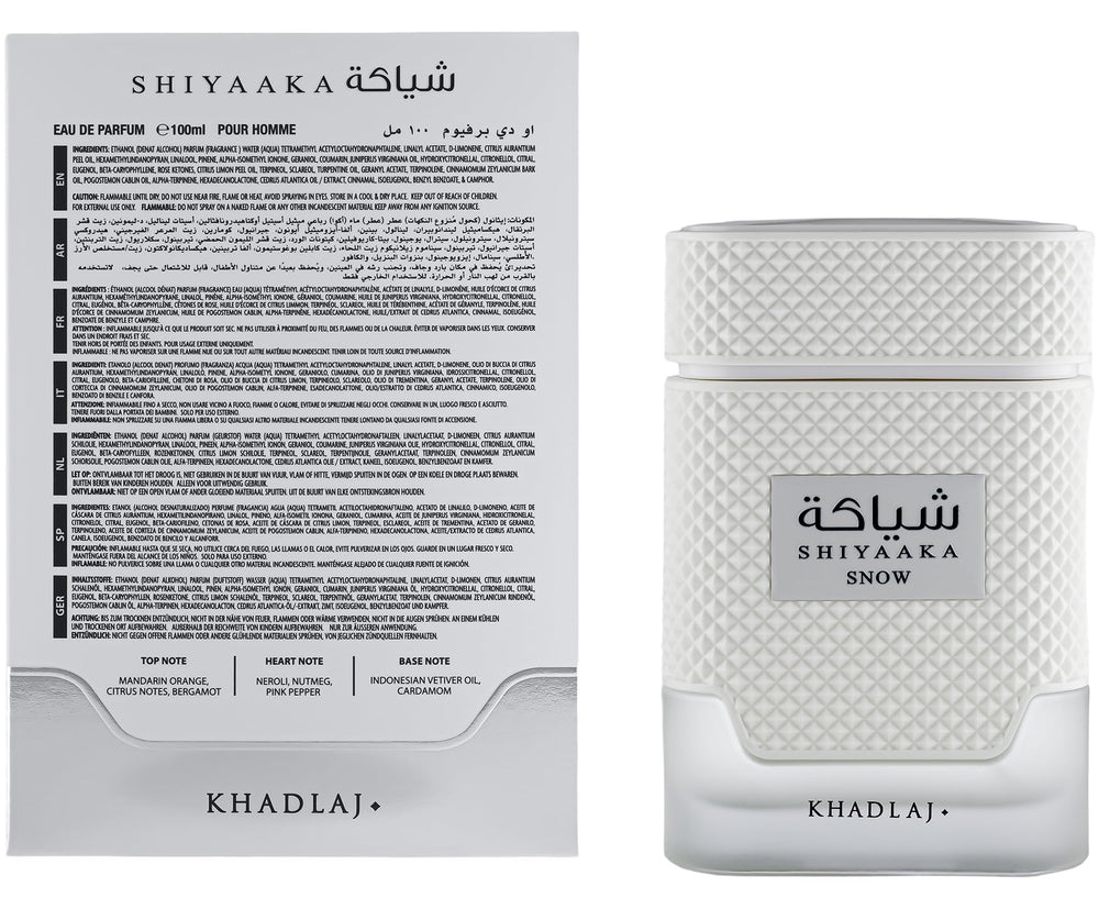 KHADLAJ SHIYAAKA SNOW: notas de fondo vetiver y cardamomo para una estela elegante