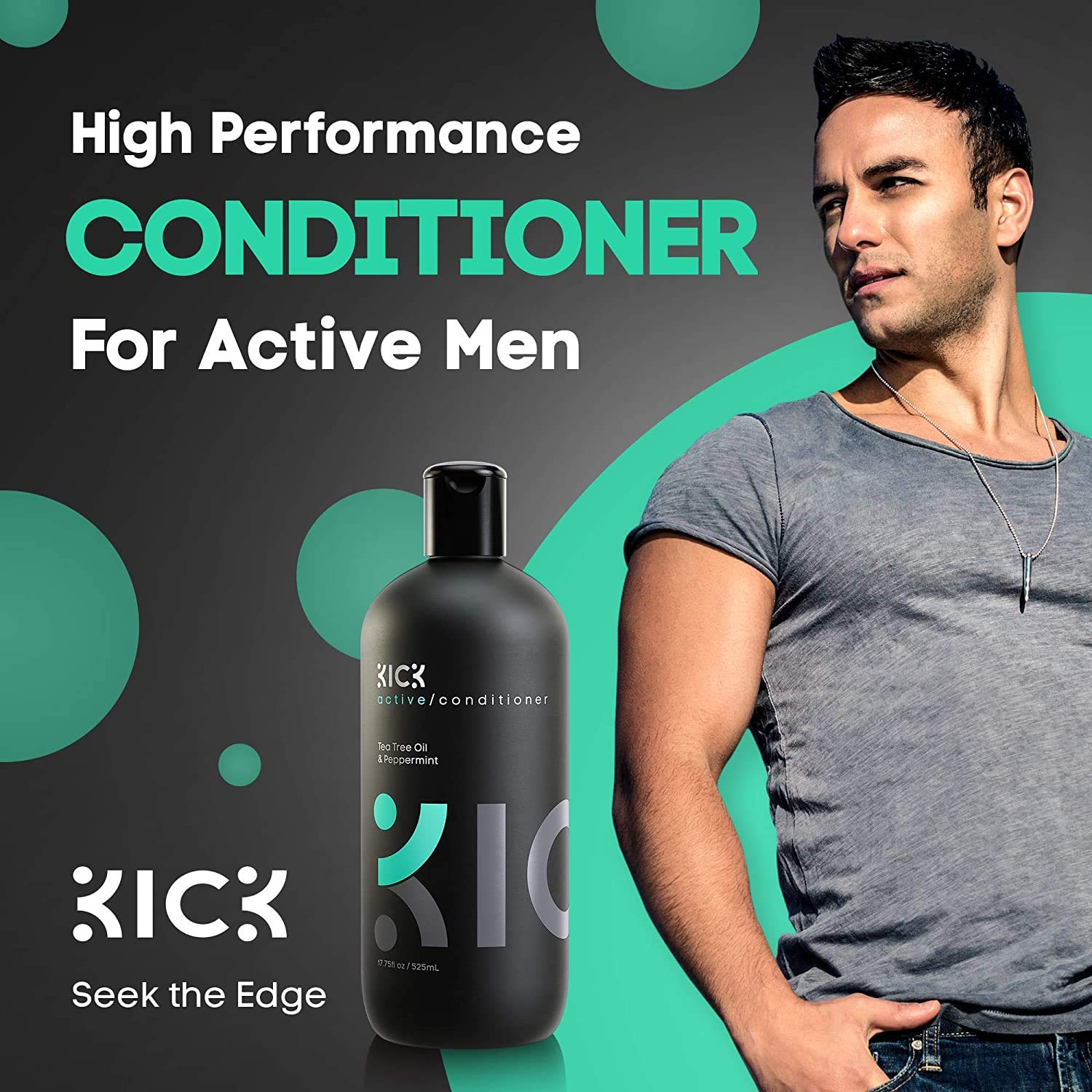 Kick Tea Tree Peppermint Condicionador, vertido en manos, cabello suave tras la ducha.
