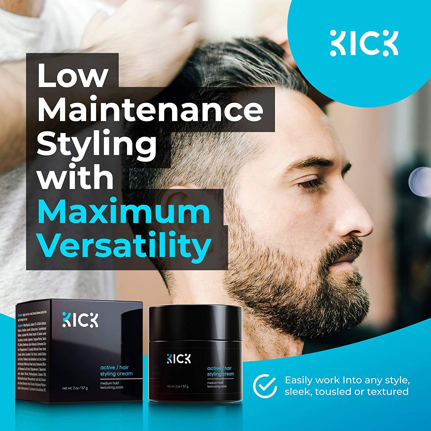 Kick crema para pelo corto o largo con estilo versátil.