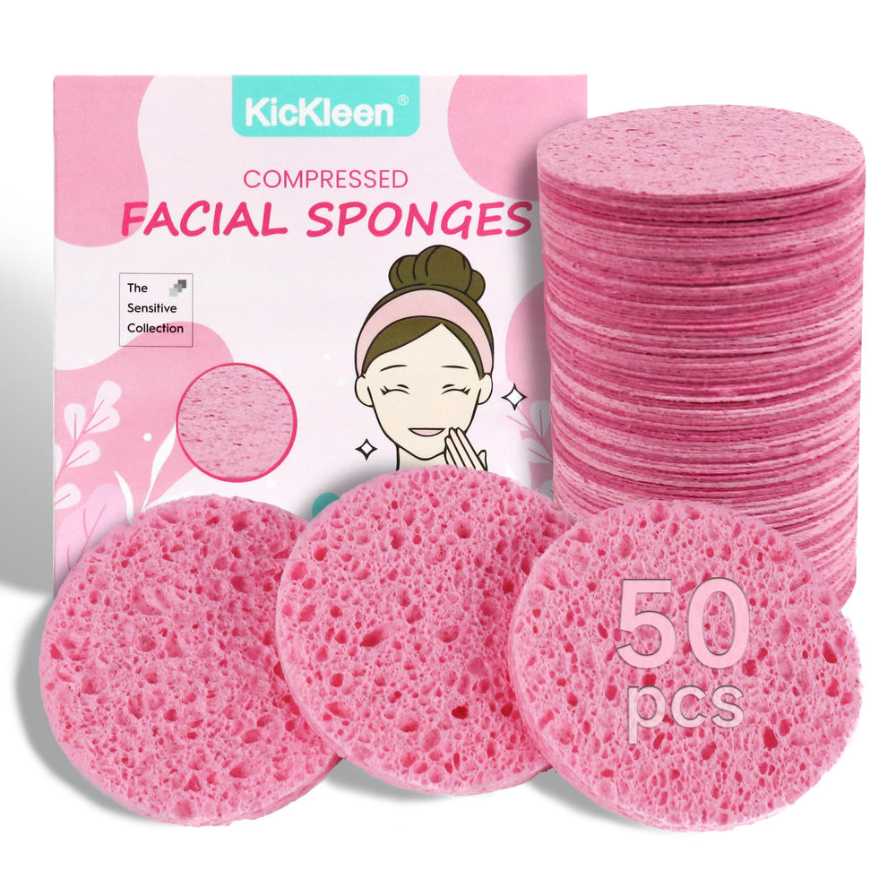 Kickleen esponjas faciales comprimidas, paquete de 50 unidades para limpieza diaria suave.