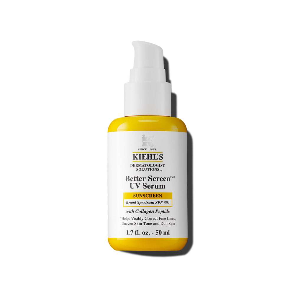 Kiehl's Better Screen Serum en bote de vidrio reciclado, protección diaria sostenible.