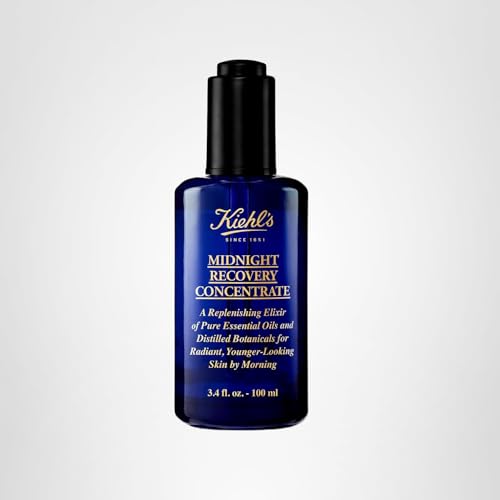 Envase elegante de Kiehl's Midnight Recovery Concentrate en estante.