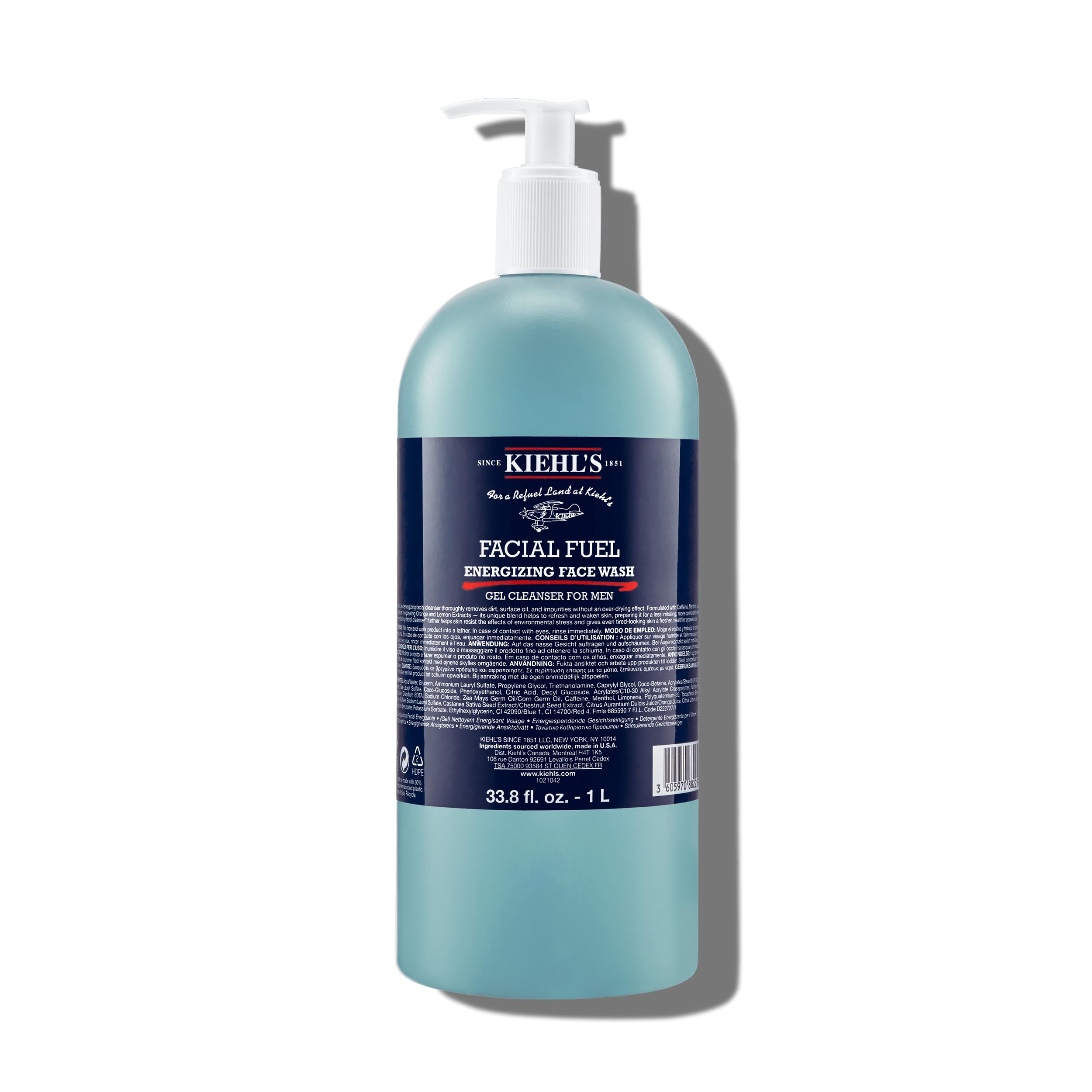 Kiehl's Facial Fuel: botella frontal, presentación clara para uso diario.