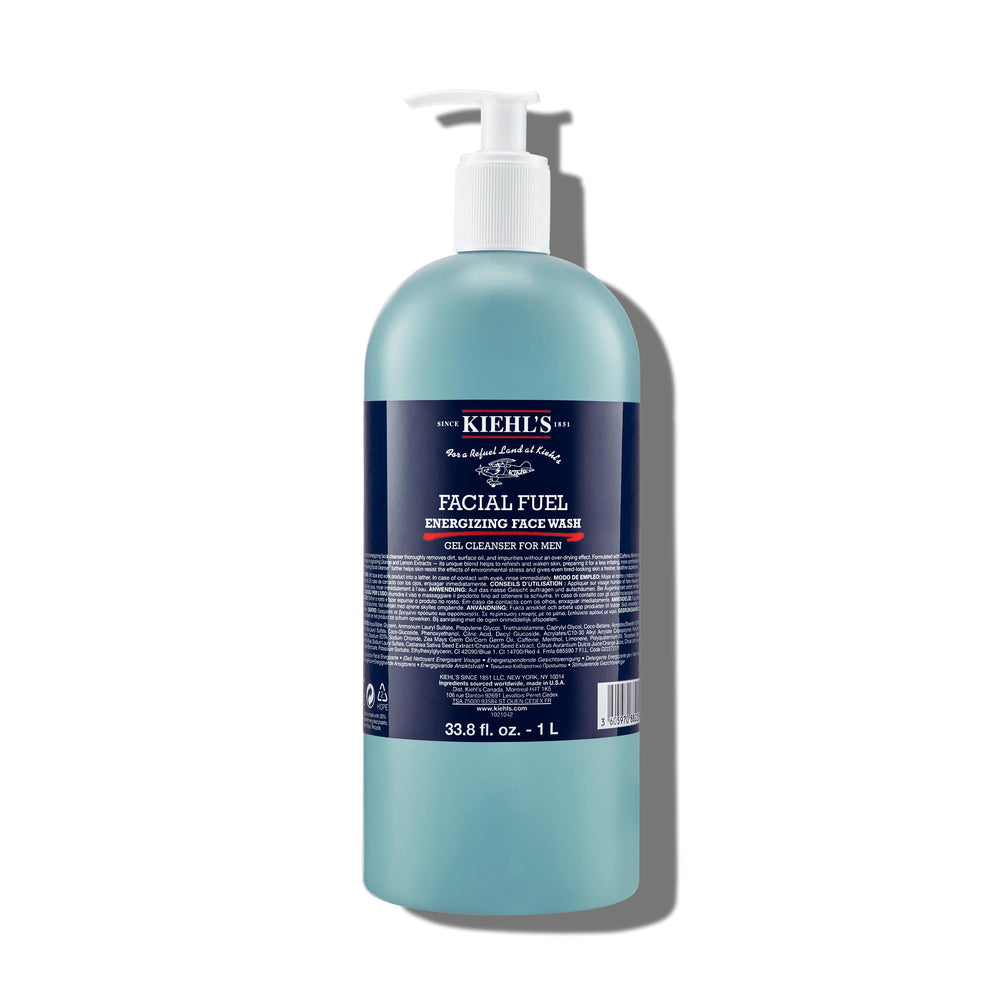 Kiehl's Facial Fuel: botella frontal, presentación clara para uso diario.