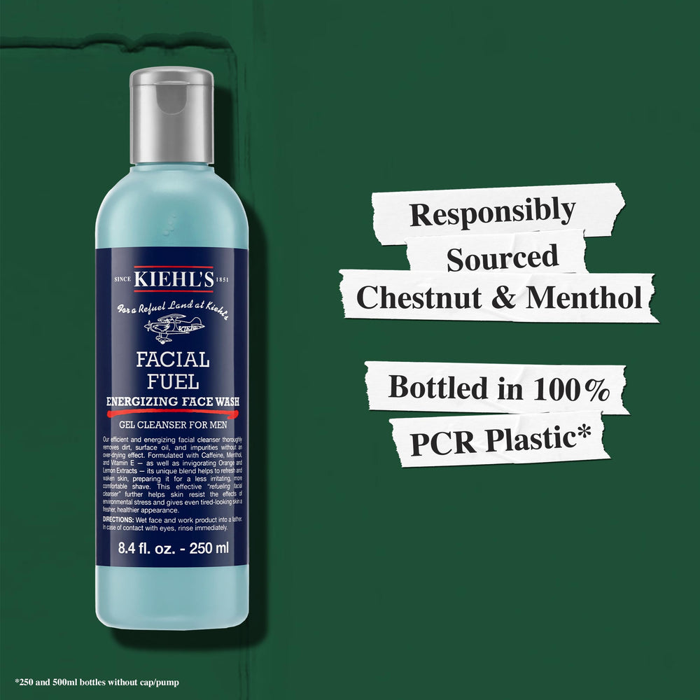 Kiehl's Facial Fuel: empaque de 1 litro, ideal para uso diario prolongado.