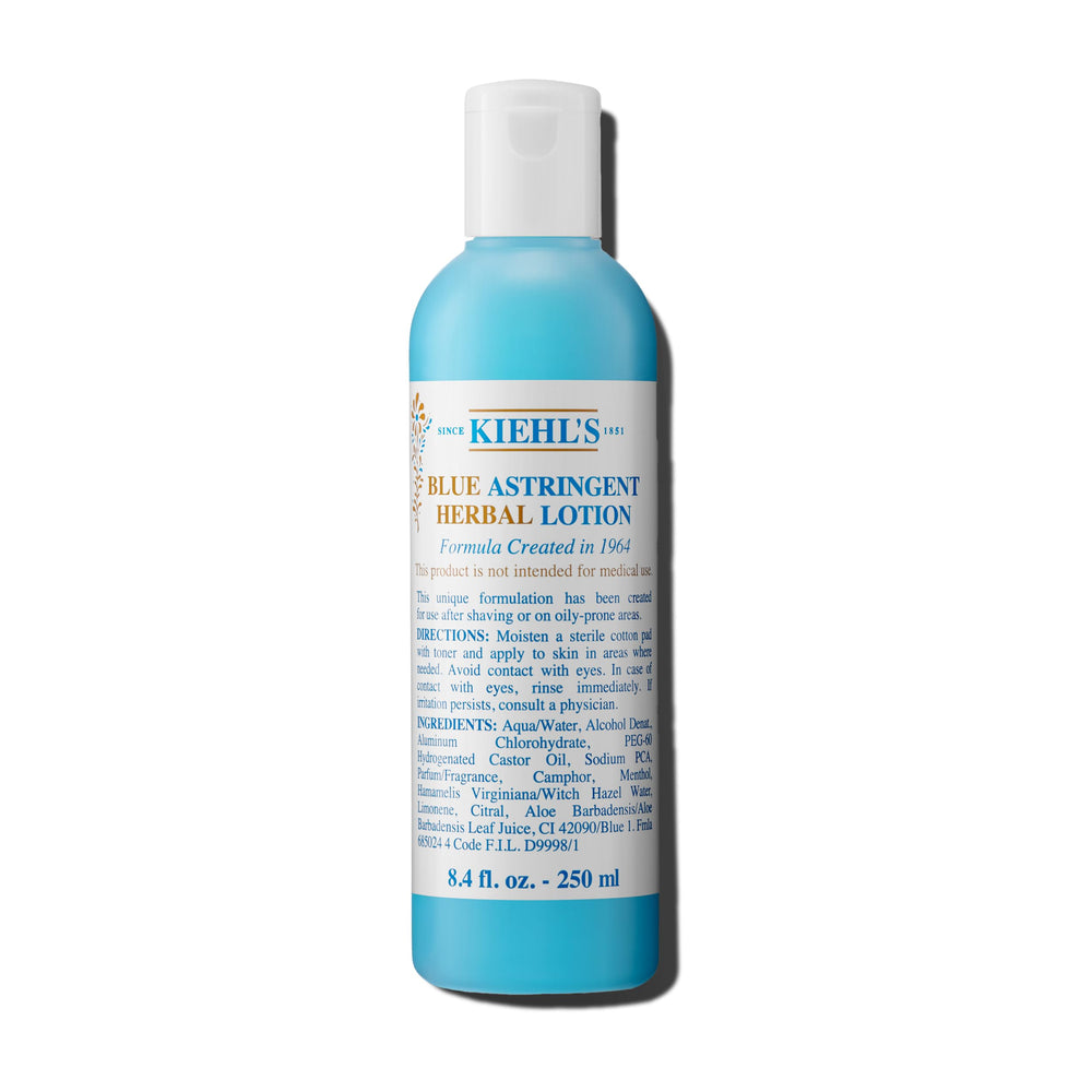 Kiehl's loción astringente azul herbal en botella, equilibra la piel grasa con frescor.