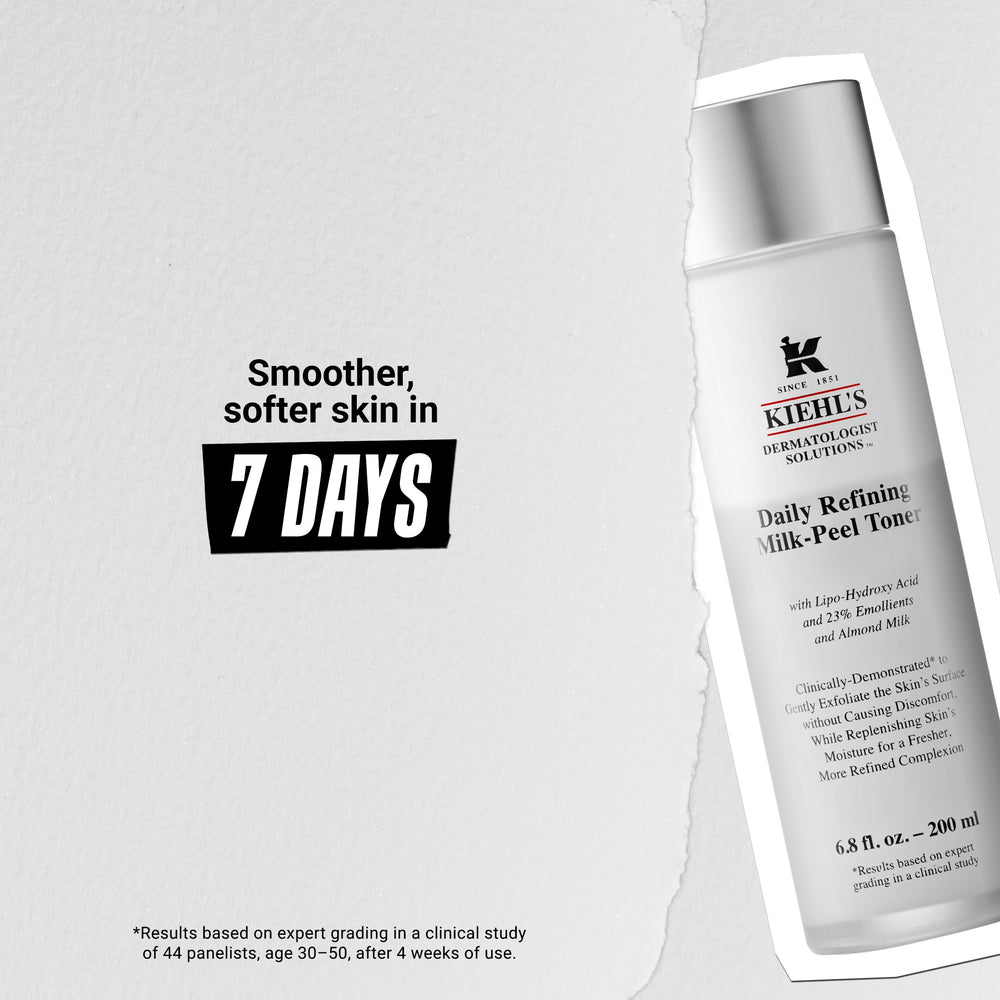 Kiehl's Tonico Leche Exfoliante en rostro con brillo saludable.